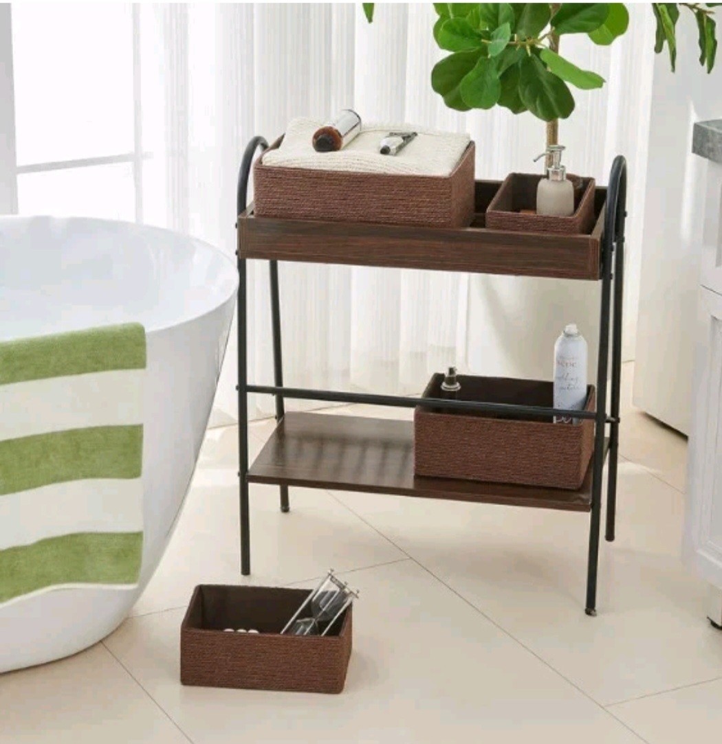 Set of 4 Brown Wicker Rectangular Stackable Woven Storage Baskets, Modern