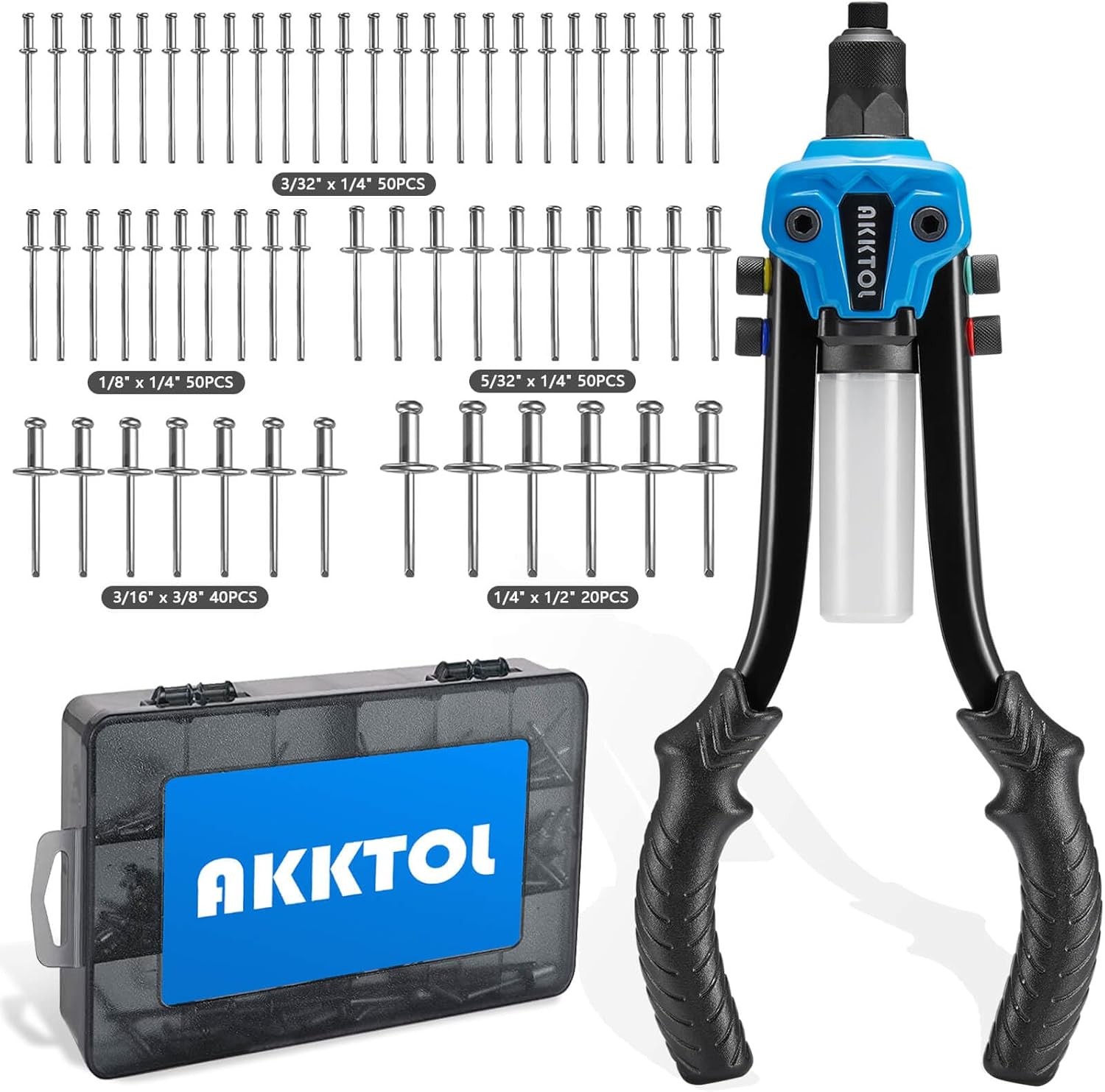 AKKTOL Rivet Gun Kit, 1/4" Pop Kit with 210pcs Blind Rivets, blue