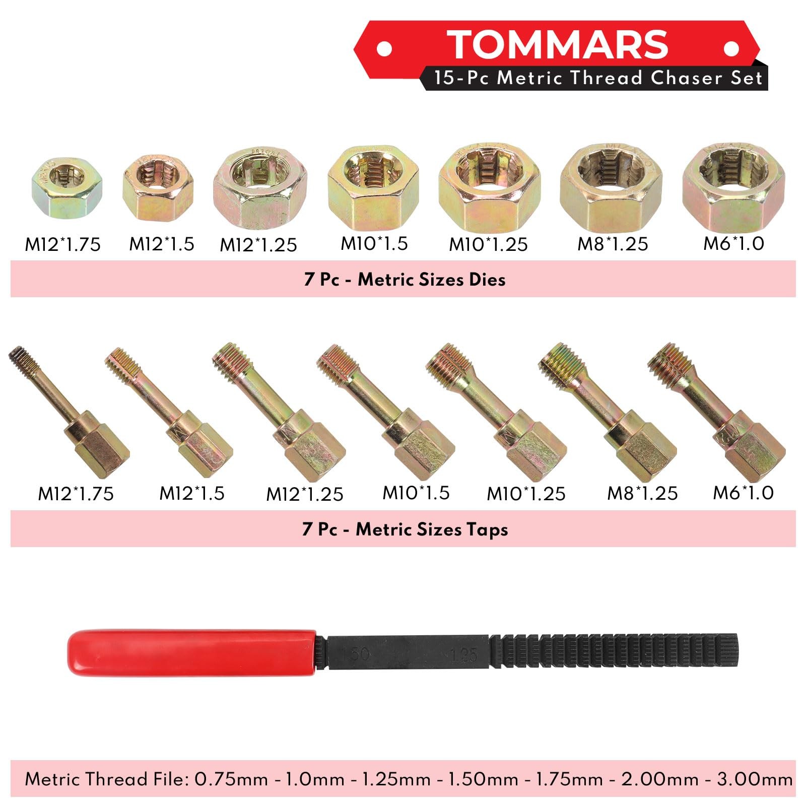 TOMMARS 15-Piece Metric Thread Chaser Set, M6 M8 M10 M12