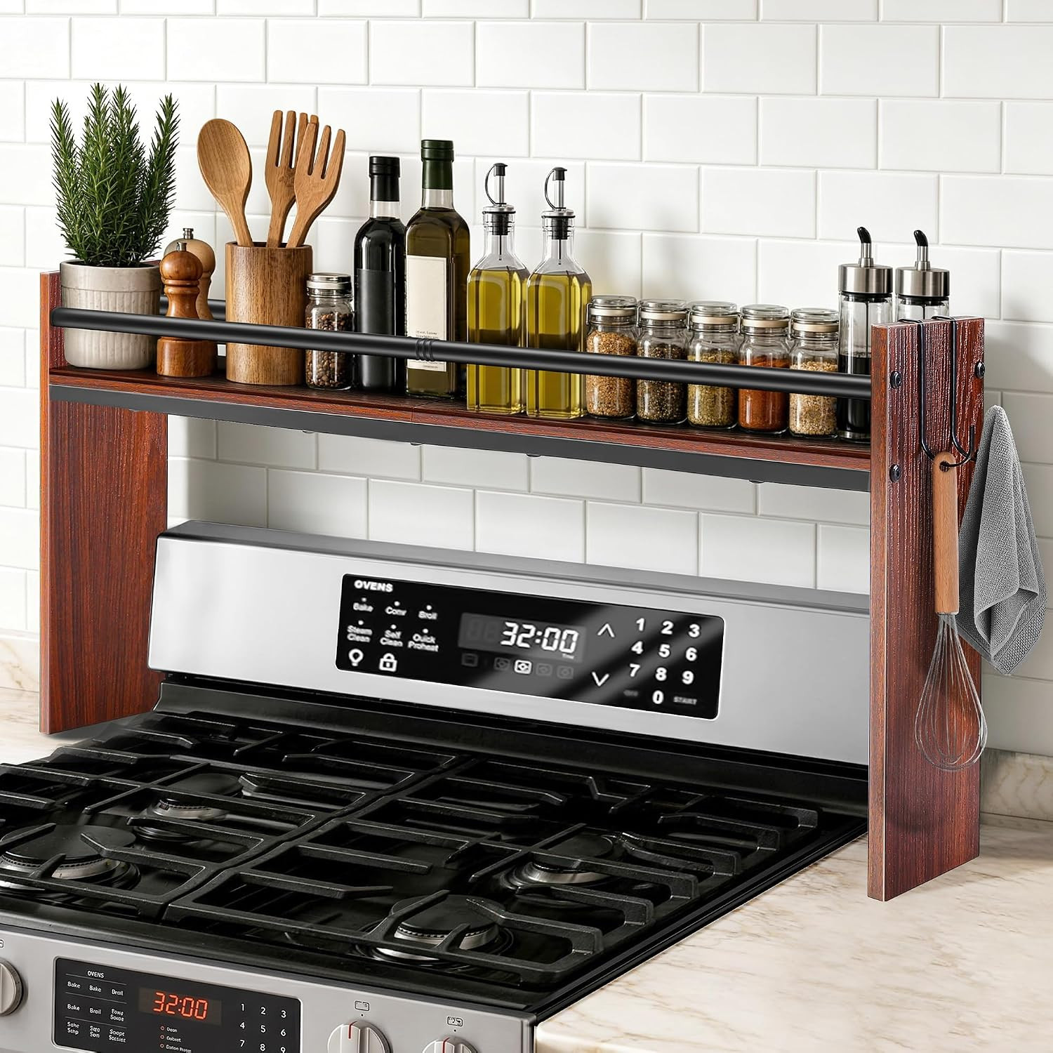 Spice Rack Shelf for Kitchen Stove, over the Stove Shelf with 4 Hooks, Premium W
