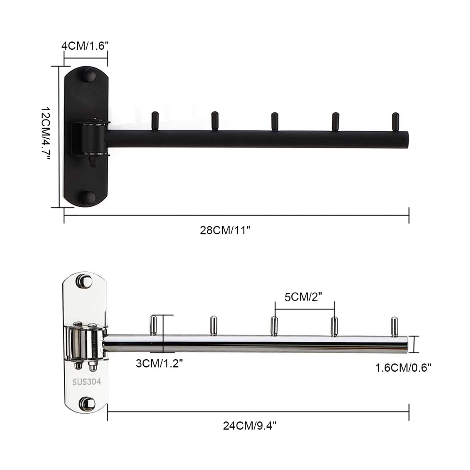 2 Pack Folding Wall Mounted Clothes Hanger Rack with Swing Arm Black