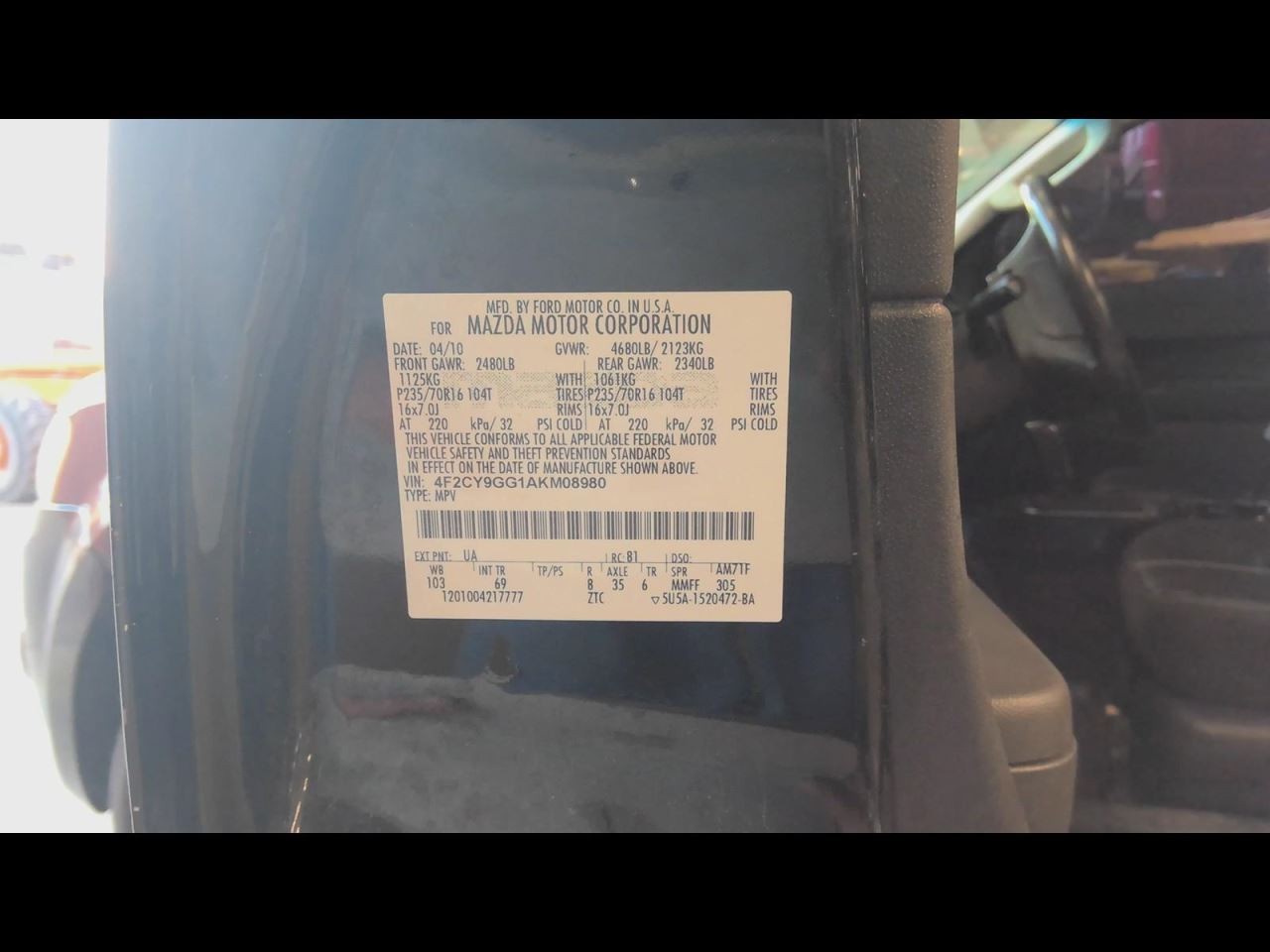 TRIBUTE 2010 Spare Wheel Carrier 716511