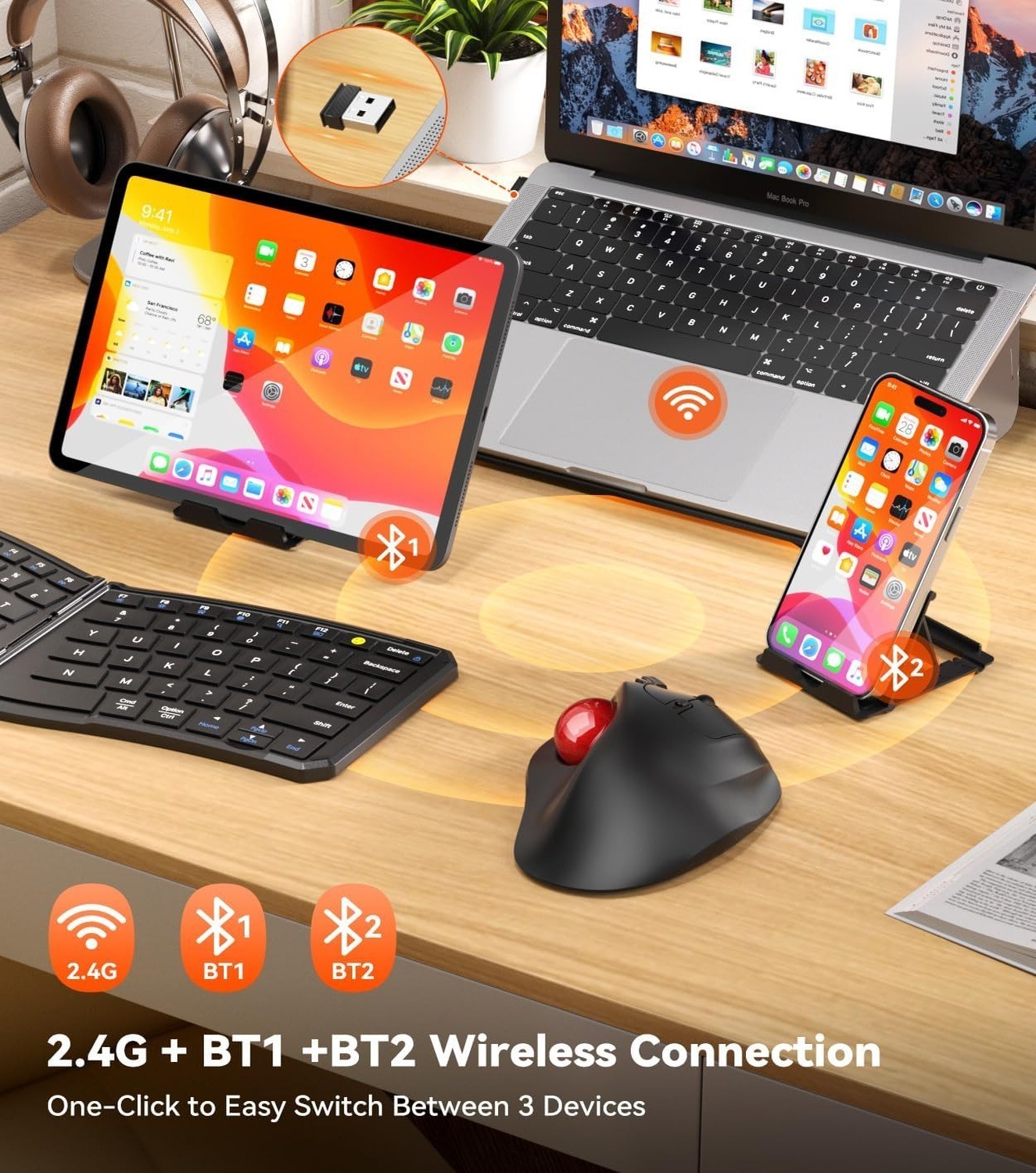 Wireless Ergonomic Trackball Mouse Bluetooth 2.4G Thumb Control Multi Device PC