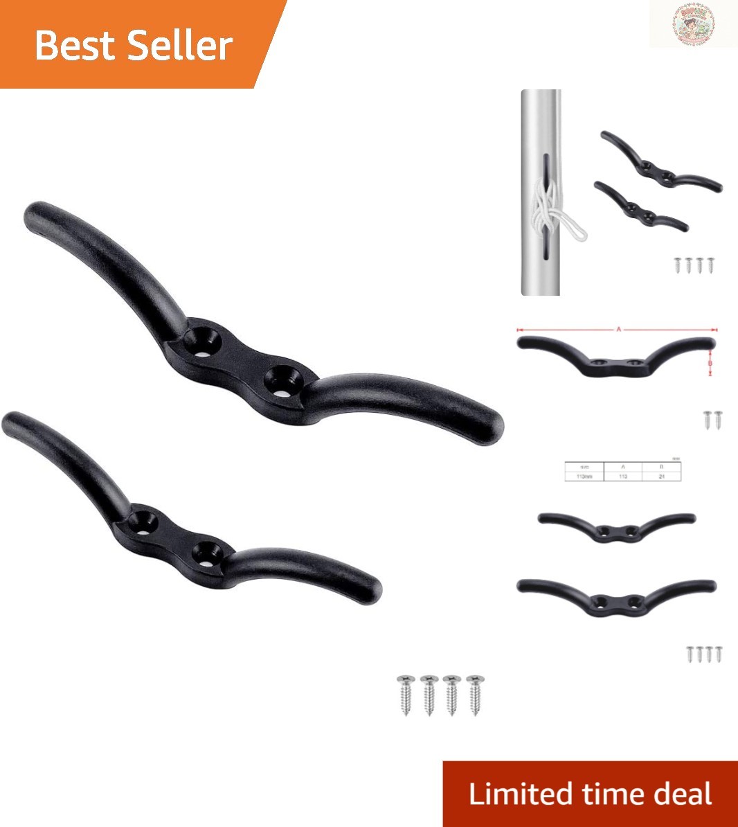 Durable 4-Inch Black Nylon Rope Cleats with Stainless Steel Screws - Set of 4