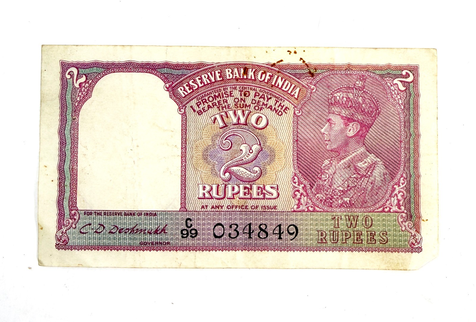 British India 2 Rupees Banknote 1943 George VI Reserve Bank of India Paper Money
