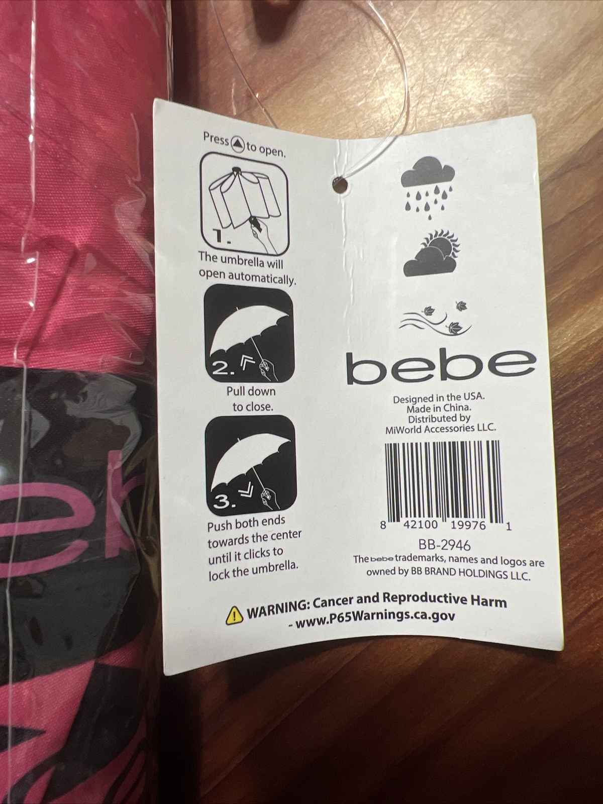 BEBE Designer Umbrella Easy Auto-Opens Pink & Black NWT MSRP $40