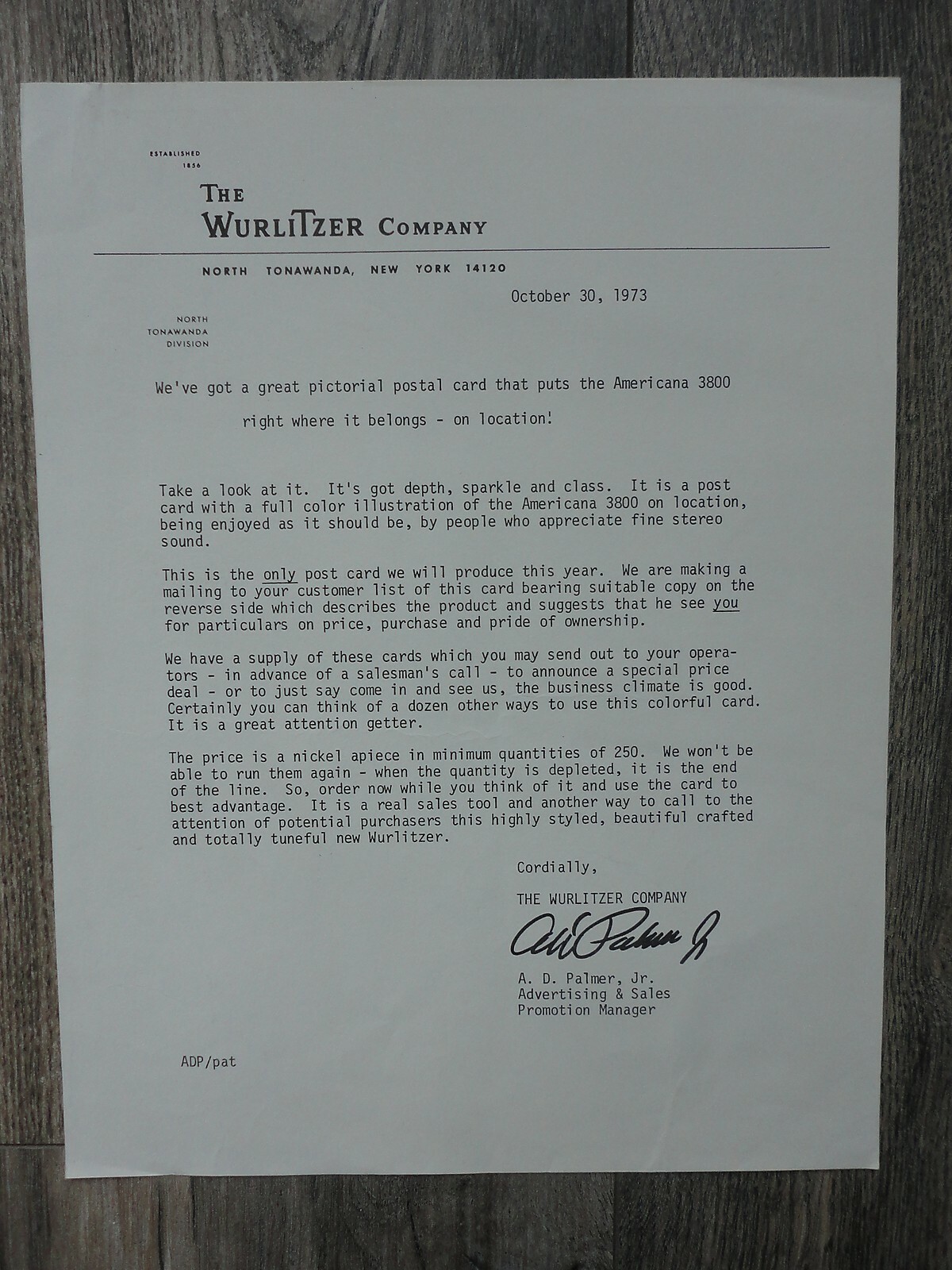 Wurlitzer Jukebox Sales Letter Original Document Oct 30, 1973