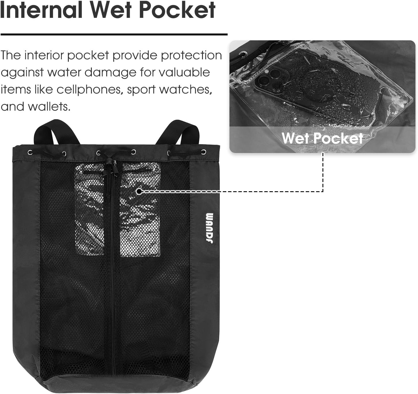 WANDF Swim Bag Mesh Drawstring Backpack Beach for One Size, Black