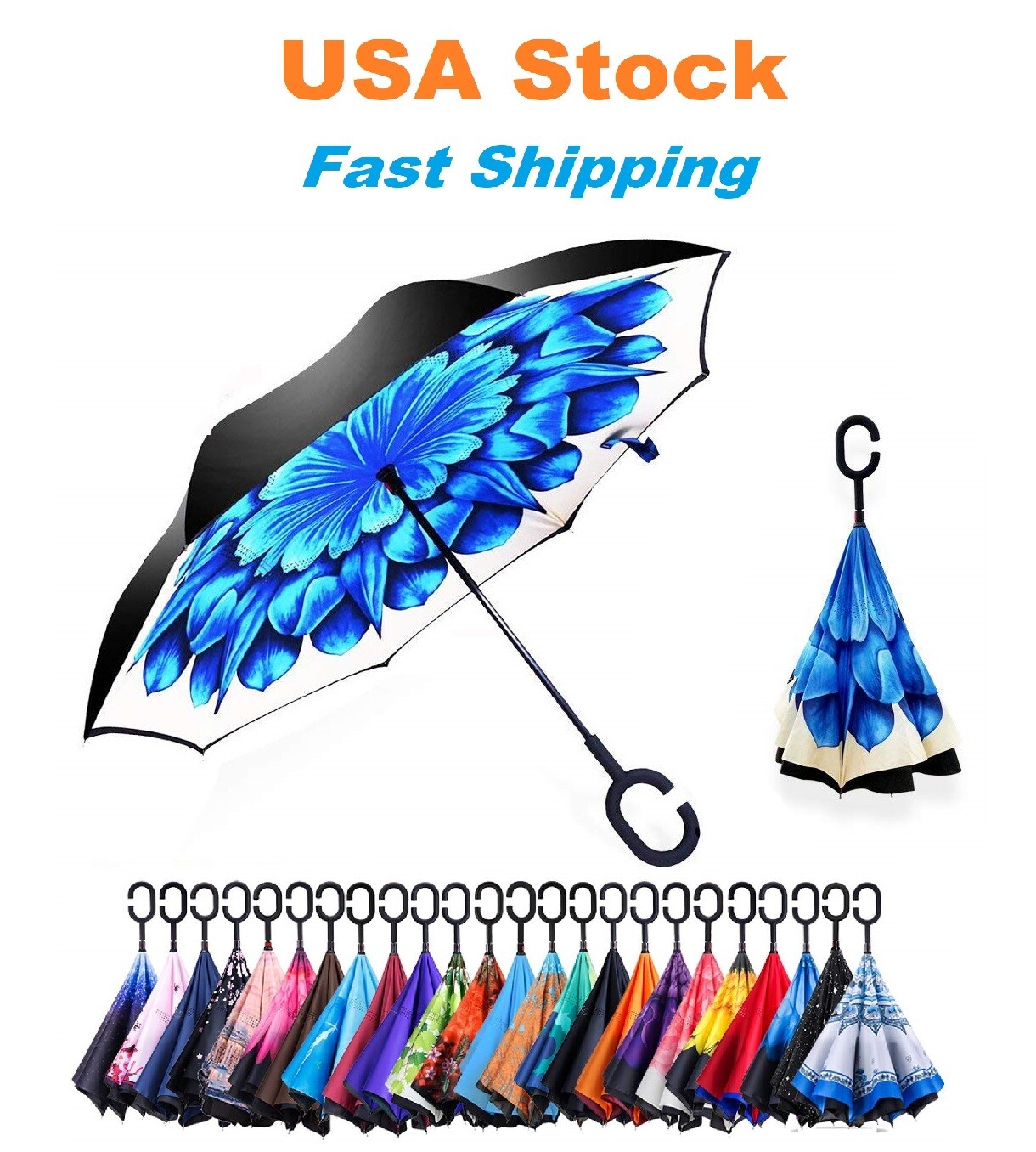 C-Handle Inverted Reverse Umbrella, Flower print (Inside-out, Upside-down)
