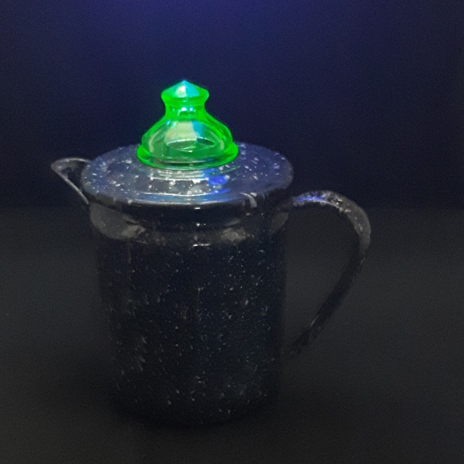 Speckled Dark Blue Enamel Percolator Coffee Pot with uranium Green Glass Top.