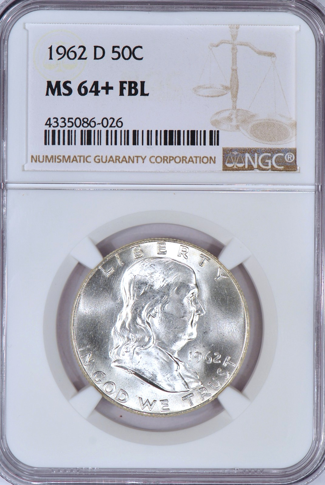 1962 D Franklin Half Dollar NGC MS 64 PLUS FBL 64+ Gem Silver Coin 50C