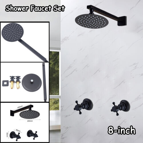 Wall Mount 8" Rain Shower Head 2 Handles Cold & Hot Faucet Mixer Tap Set Black