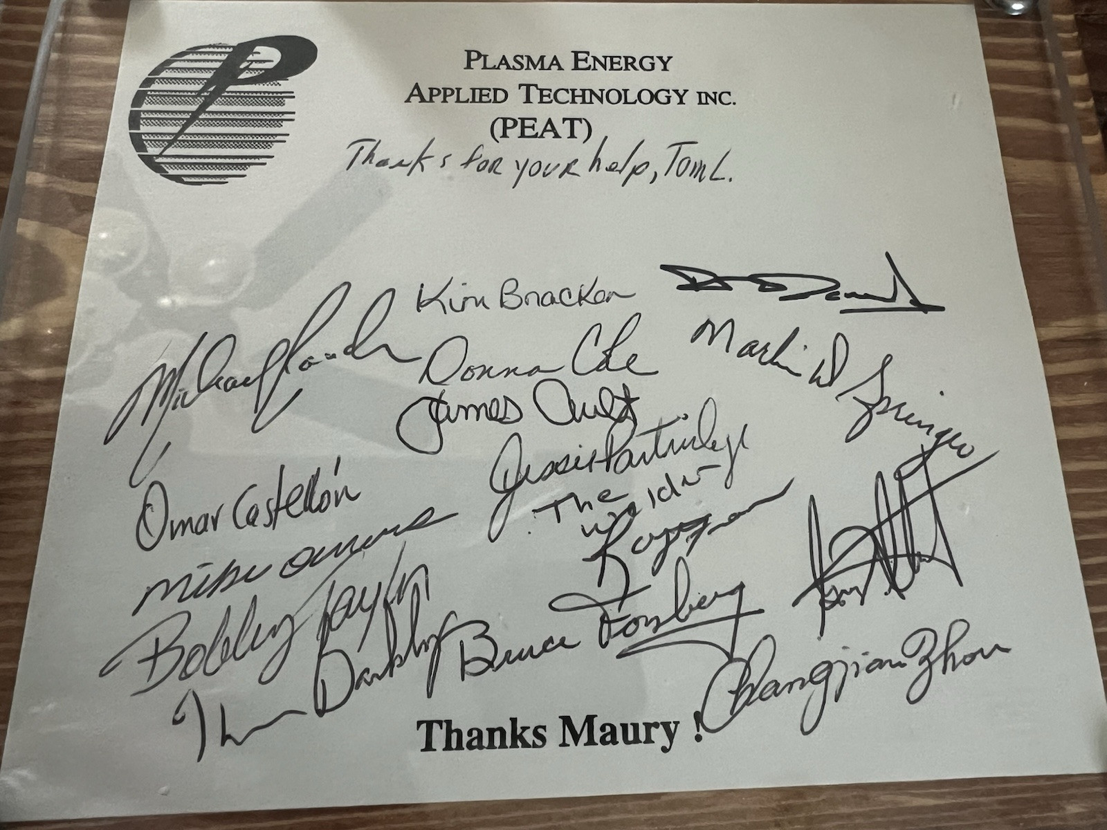 Vintage PEAT Plasma Energy Applied Technology Inc Presentation Plaque Signed