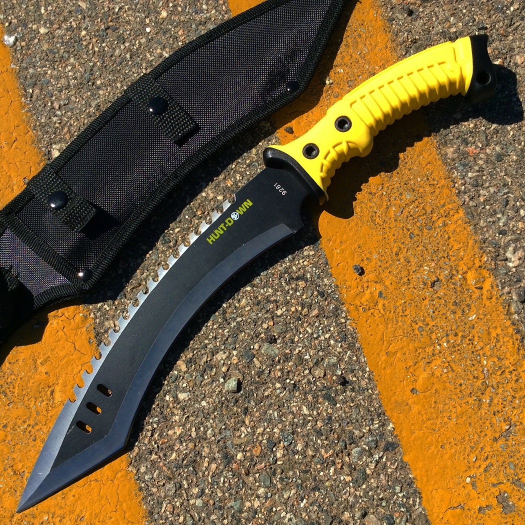 16"" Curved Blade Hunting Knife Straight Camping Outdoor Knives Tactical Yellow