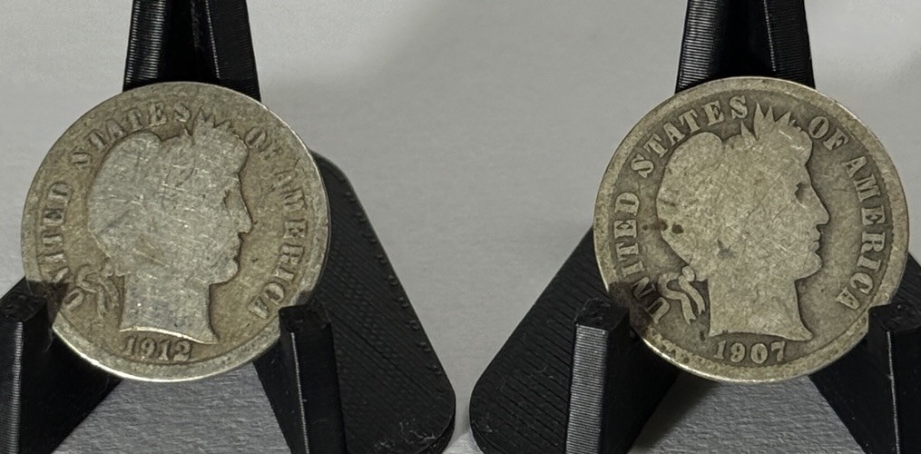 Barber Dimes 1907 & 1912 Silver 10C Coins Circulated United States
