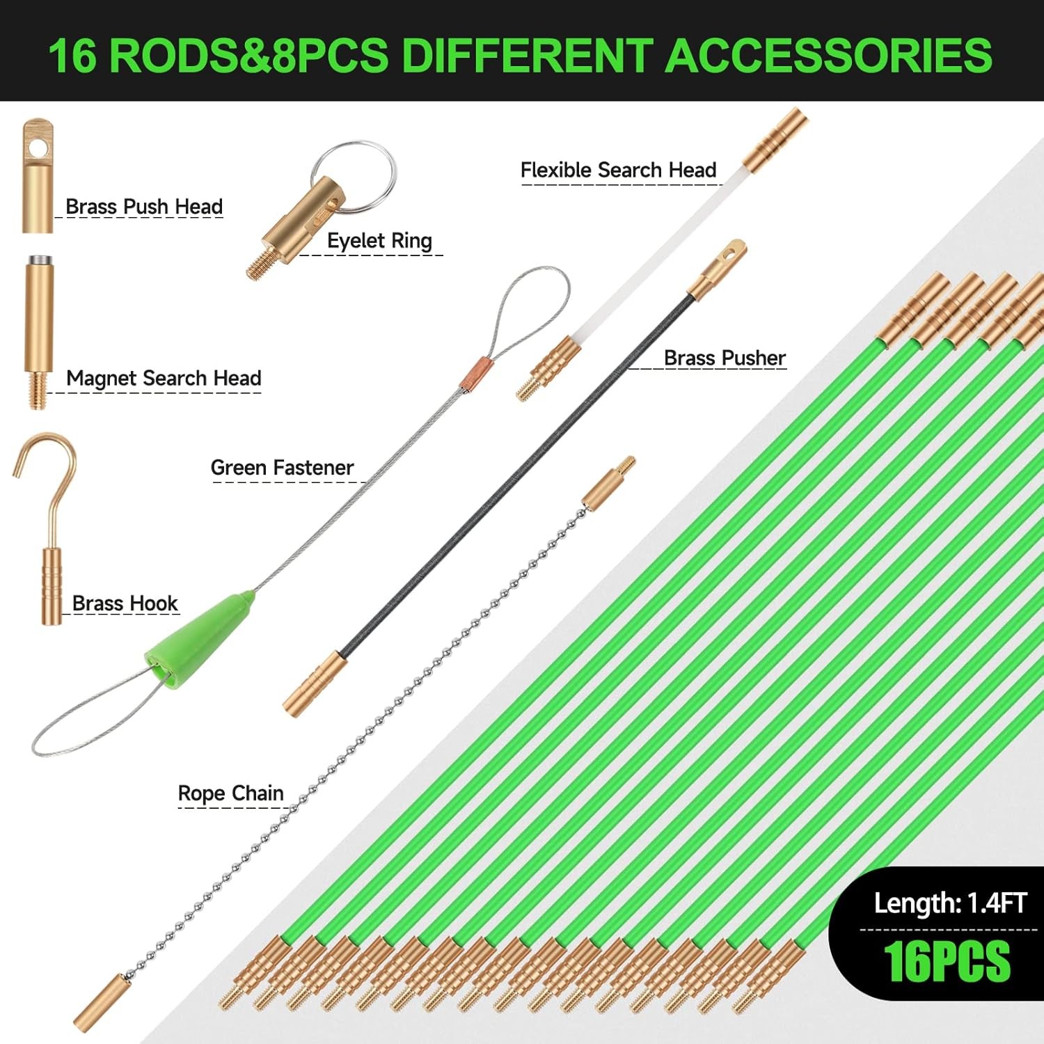 22FT Fiberglass Running Electrical Wire Cable Glow Rods Wire Pulling, Fish Rods