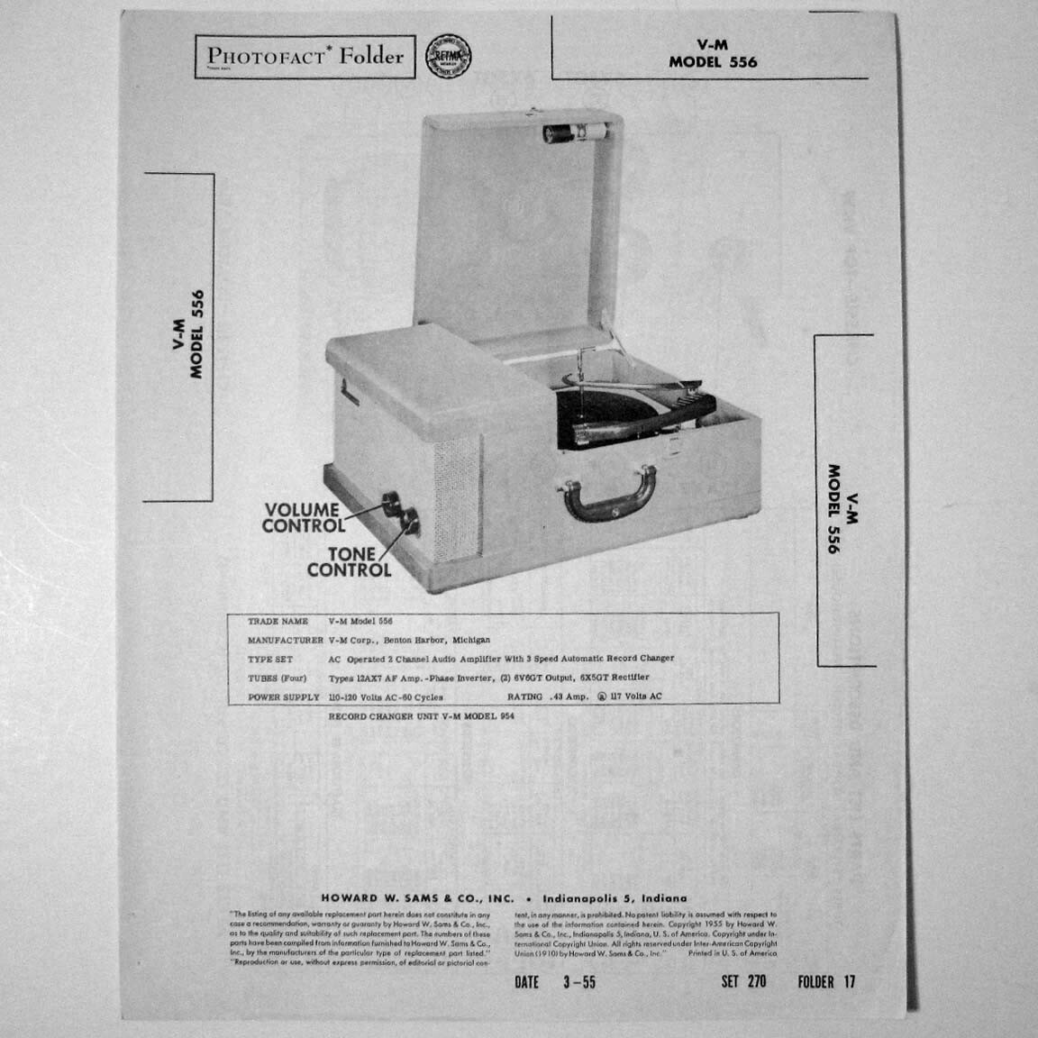 V-M VM V M Model 556 Record Changer Player - SAMS Photofact ™ 1955 - New NOS