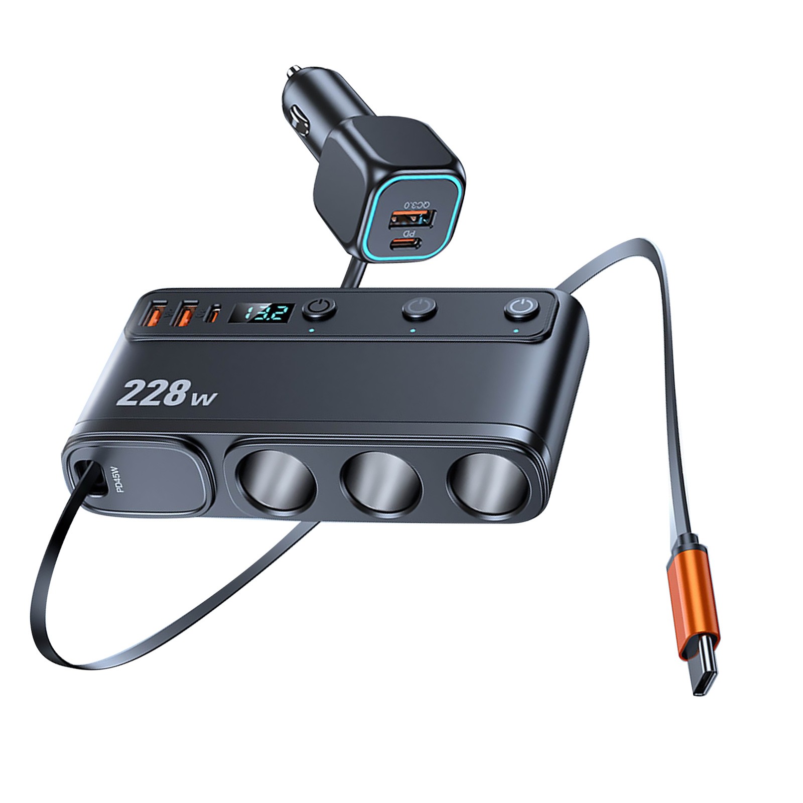 9-in-1 Vehicle Power Adapter with 3 Lighter Outlets 6 USB Ports 228W Charger