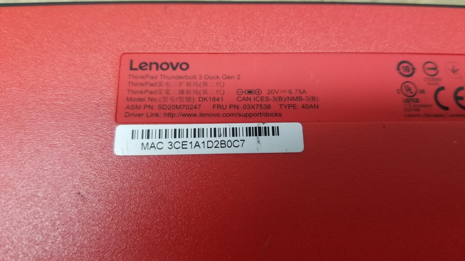 Lenovo ThinkPad Thunderbolt 3 Docking Station DK1841 SD20M70247 NO POWER SUPPLY