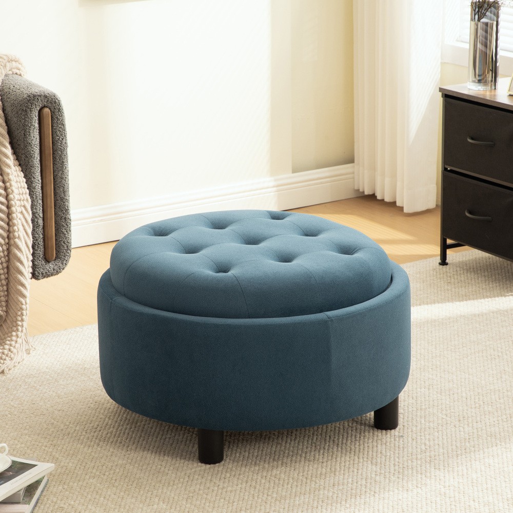 29.33inUpholstered Round Ottoman With Reversible Lid Fleece Fabric Storage Stool