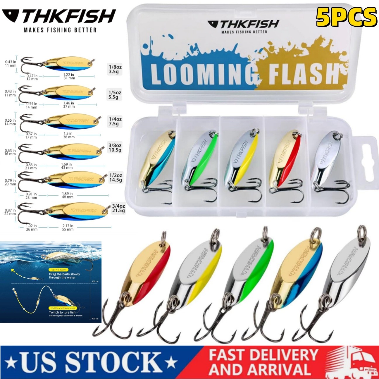 5pcs Fishing Lures Spoons Saltwater Treble Trout Lures Hard Metal Spinne...US