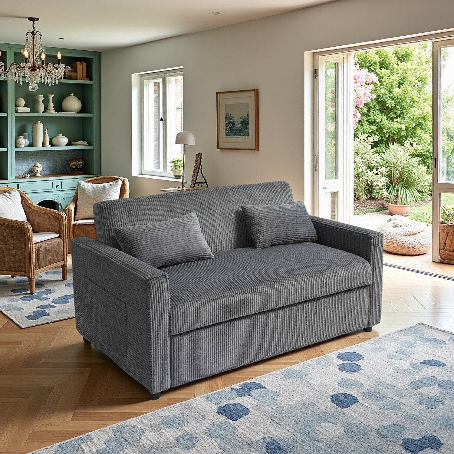 Convertible Sleeper Sofa Bed Loveseat 2 Seater Couch with Pull Out Bed Gray/Blue
