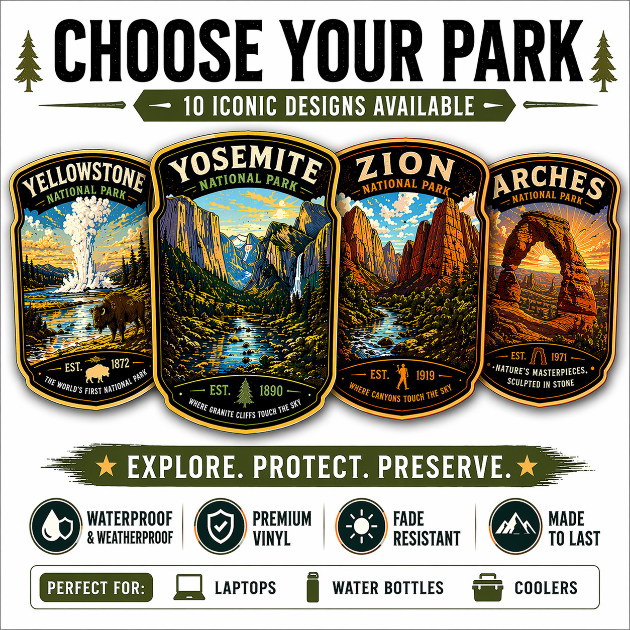 National Park Sticker Vintage Travel Badge Decal Yellowstone Yosemite Zion