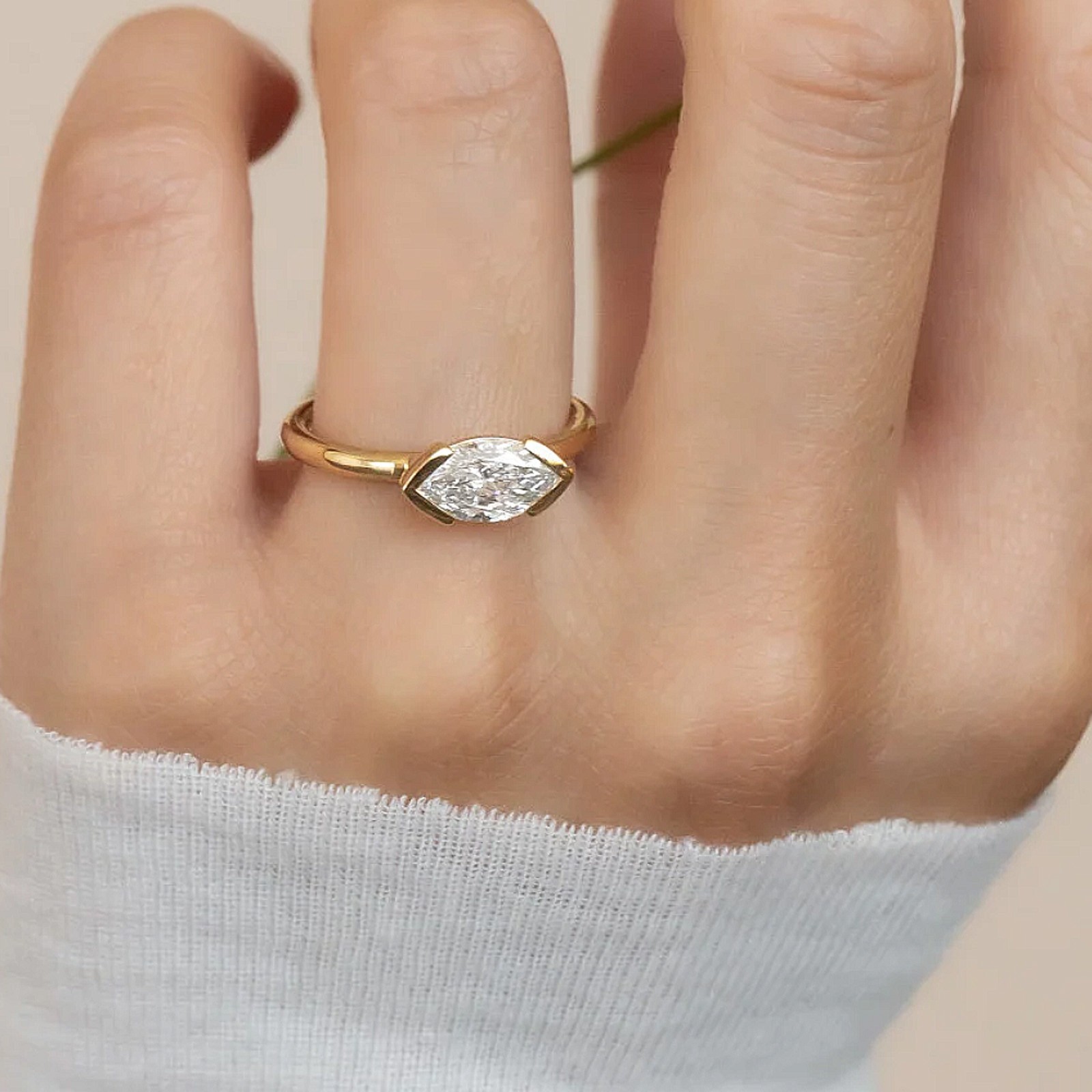 Women Ring 1 Carat IGI Lab Created Marquise Cut Diamond 14k Yellow Gold E F VVS2