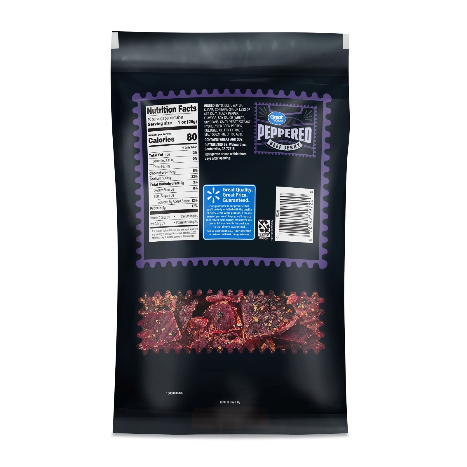 (4 pack) Great Value Peppered Beef Jerky, Value Pack, 10 oz