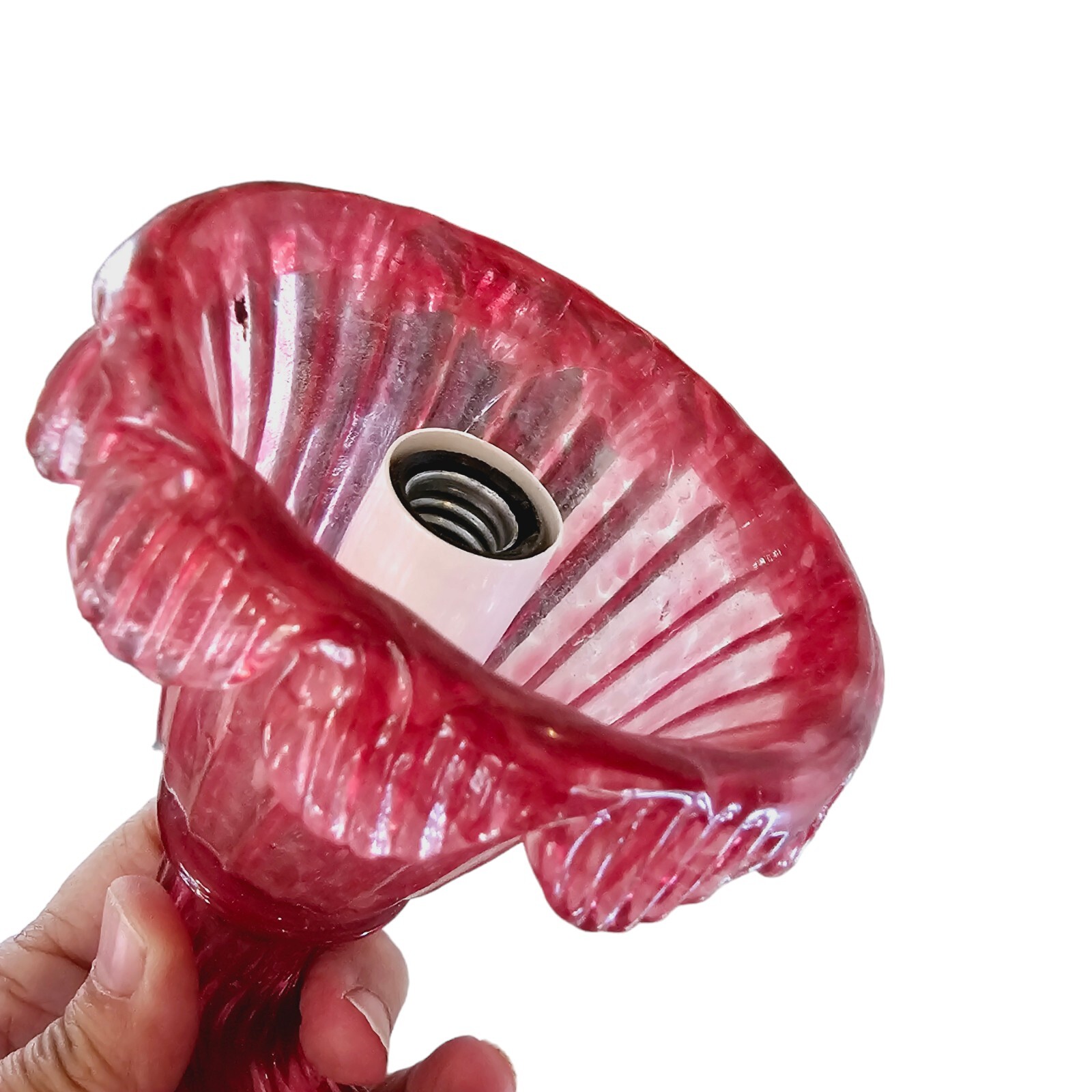 Venetian Cranberry Chandelier Part Arm Shade Pink Glass Curved Leaf Ribbed #4