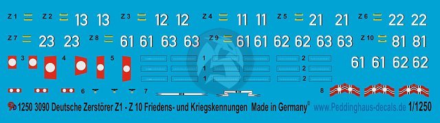 Peddinghaus 1/1250 German Destroyer Z1 - Z10 Markings WWII and Peacetime 3090