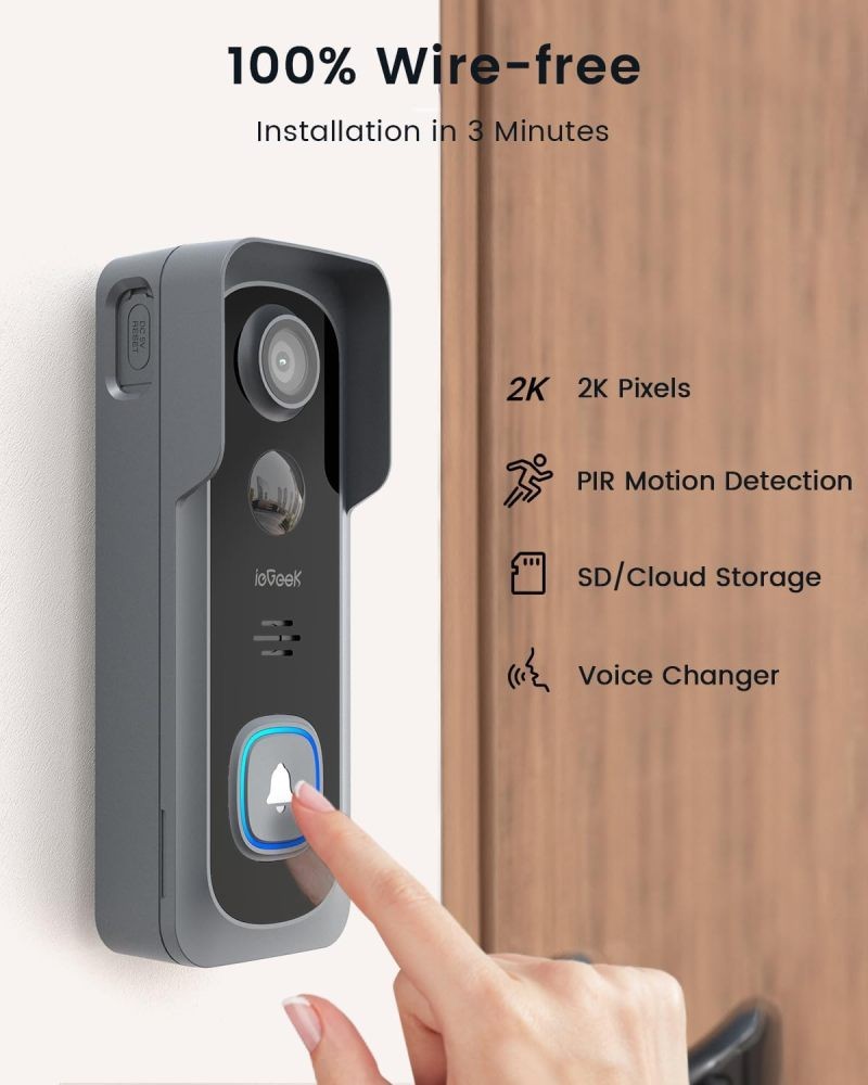 2K Doorbell Camera Wireless with Chime Ringer, Smart Wifi & PIR Motion Detection
