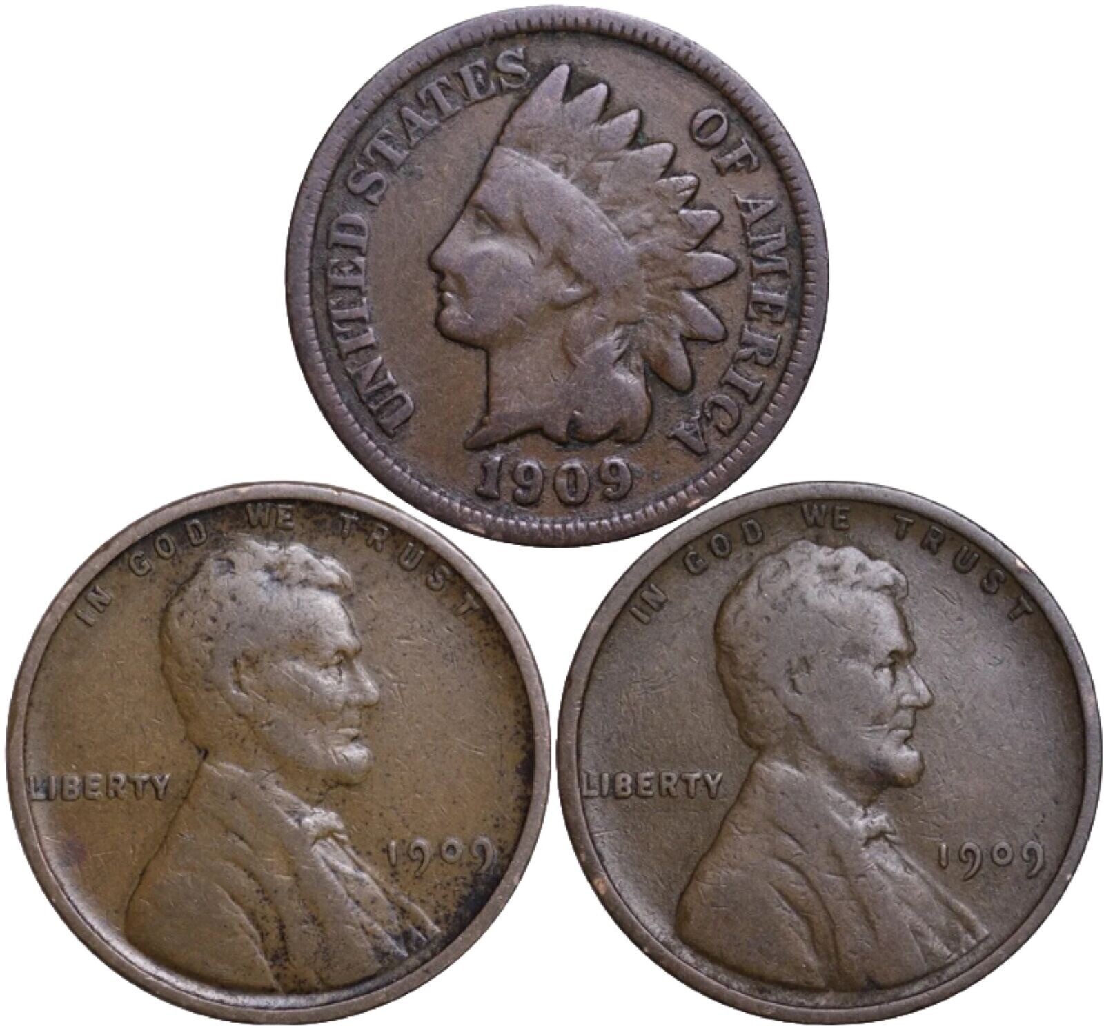 (3 PC. LOT) 1909 , 1909 V.D.B. , 1909 Indian and Wheat Cent Penny Lot FREE S&H!