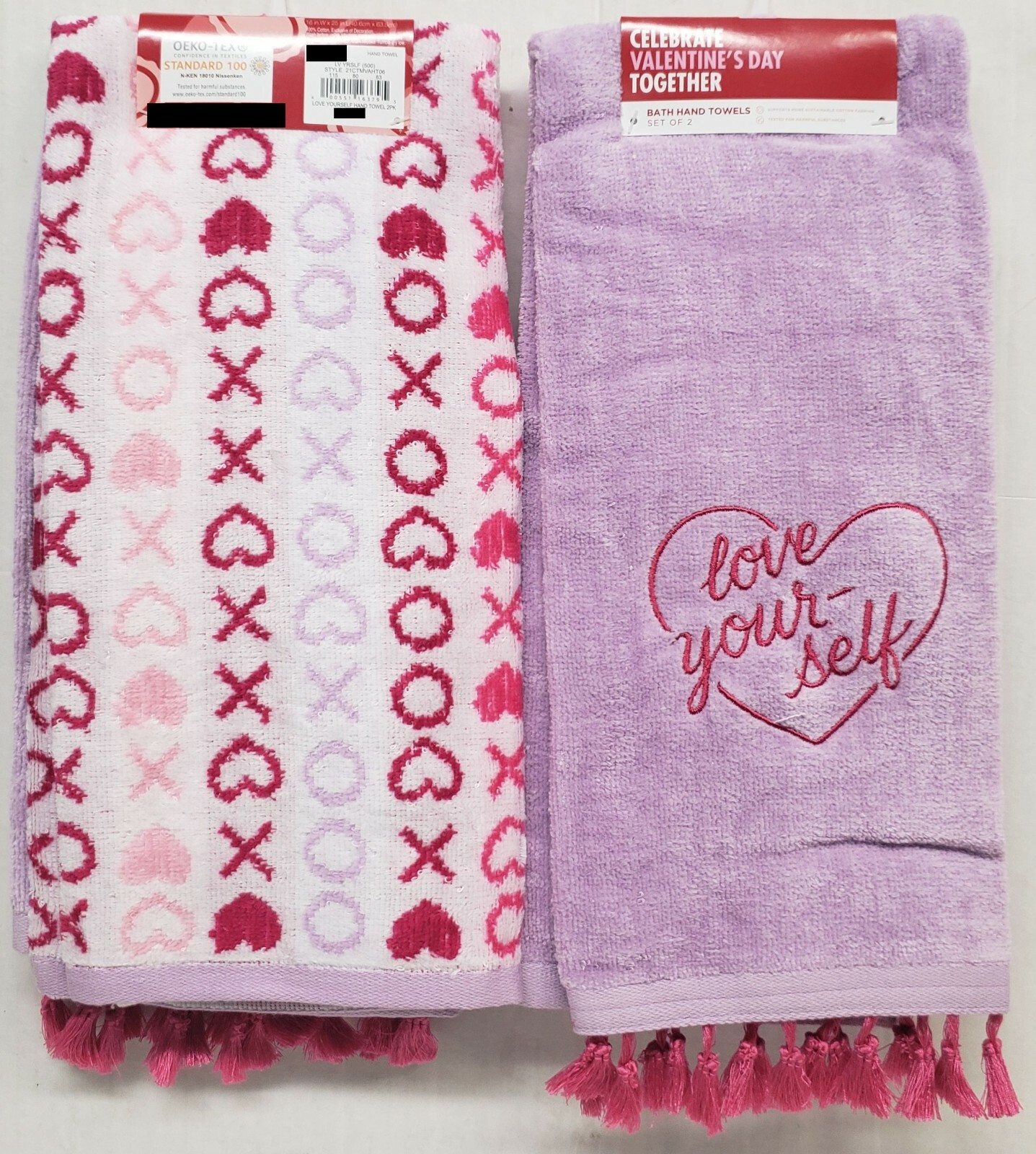 2 DIFFERENT EMBROIDERED TERRY TOWELS (16"x25") VALENTINE'S DAY, LOVE YOURSELF,KO