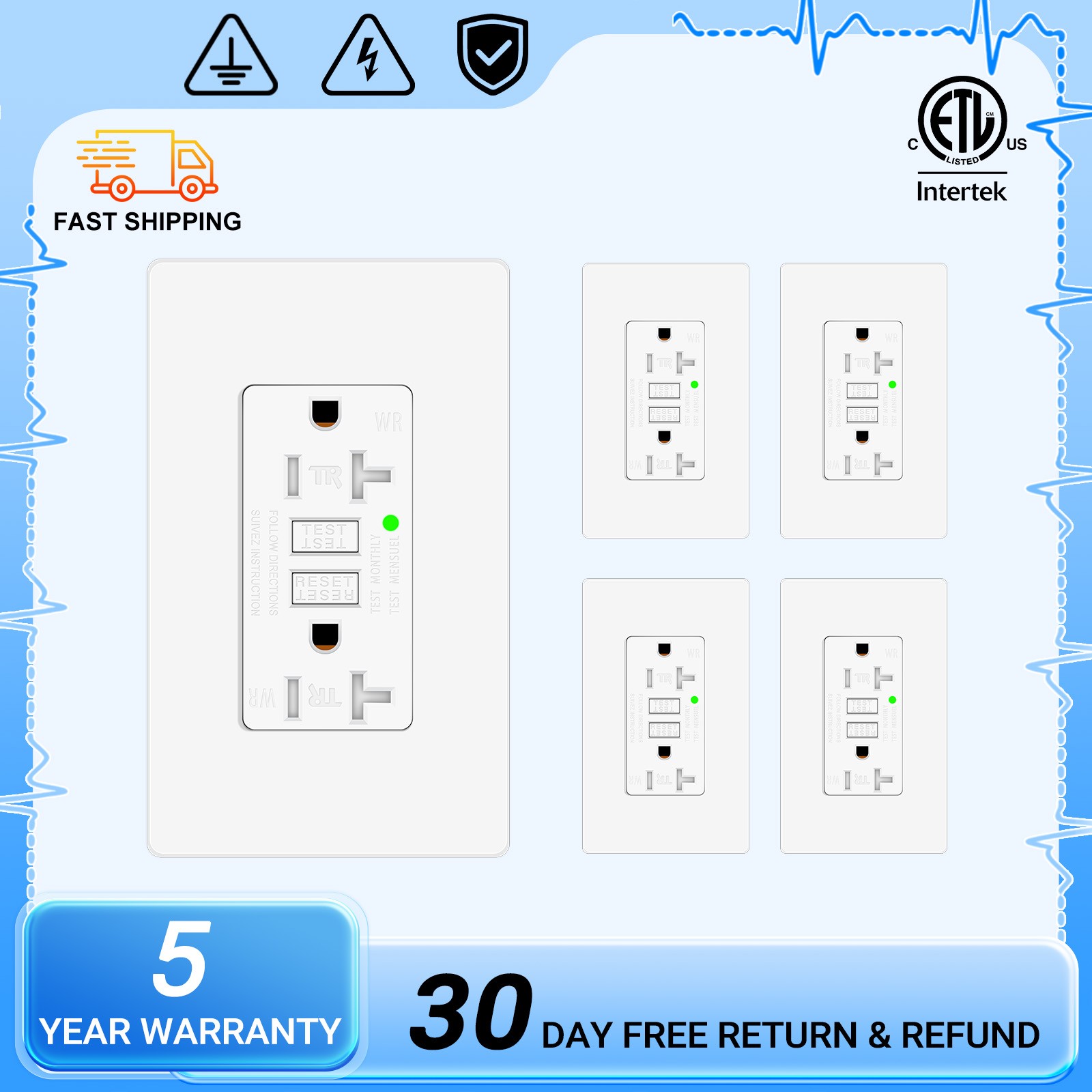 Pack GFCI Duplex Outlets Receptacle Tamper Weather Resistant With Wall Plates 5X