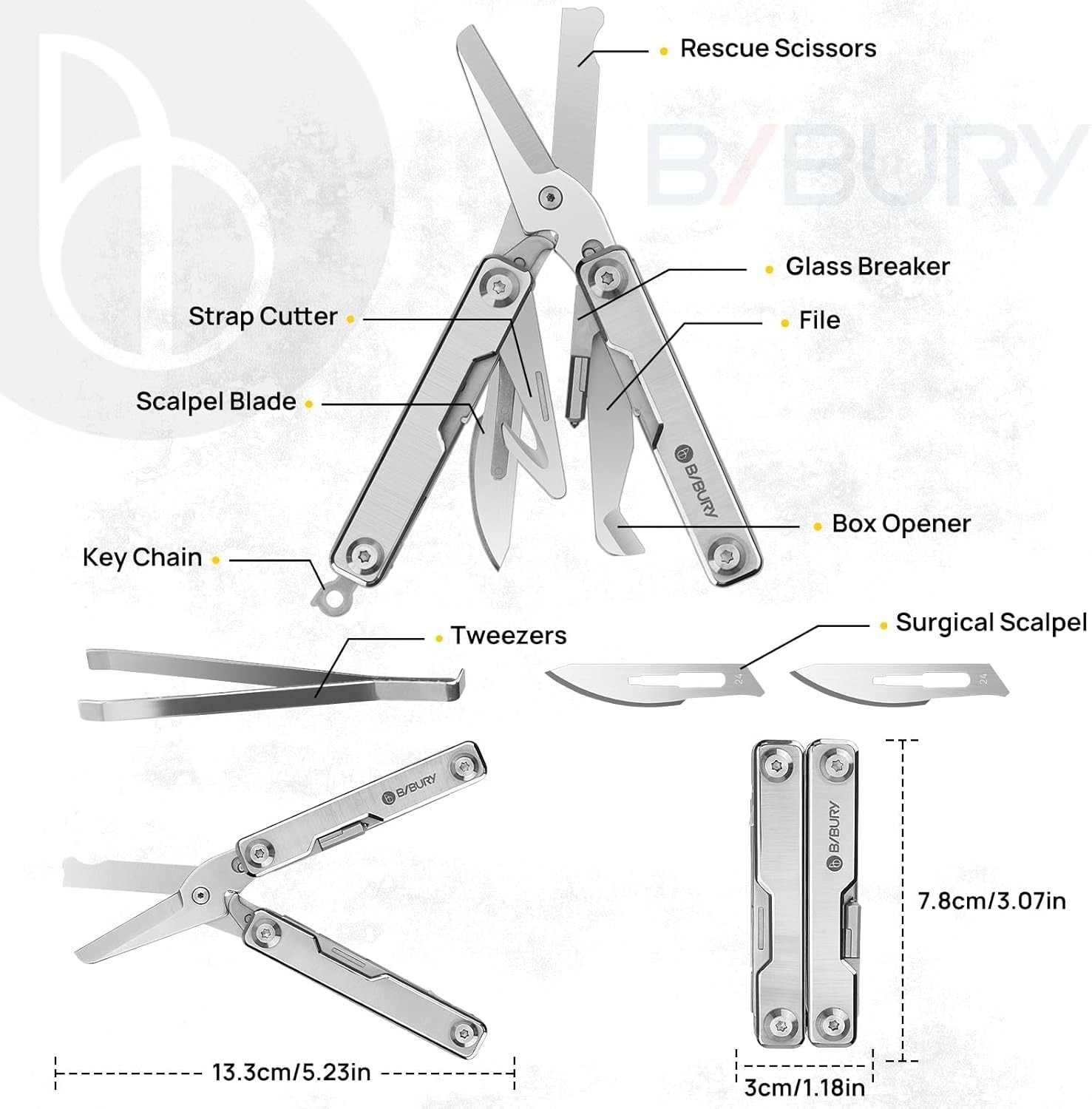 Folding Pocket Multitool EDC Knife Scissors Tweezers w/ Replaceable Craft Blades