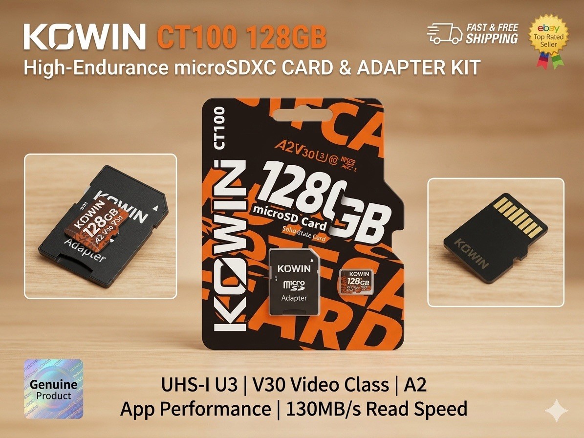 KOWIN 128GB MicroSDXC Card CT100 UHS-I U3 V30 A2 with Adapter - Brand New Sealed