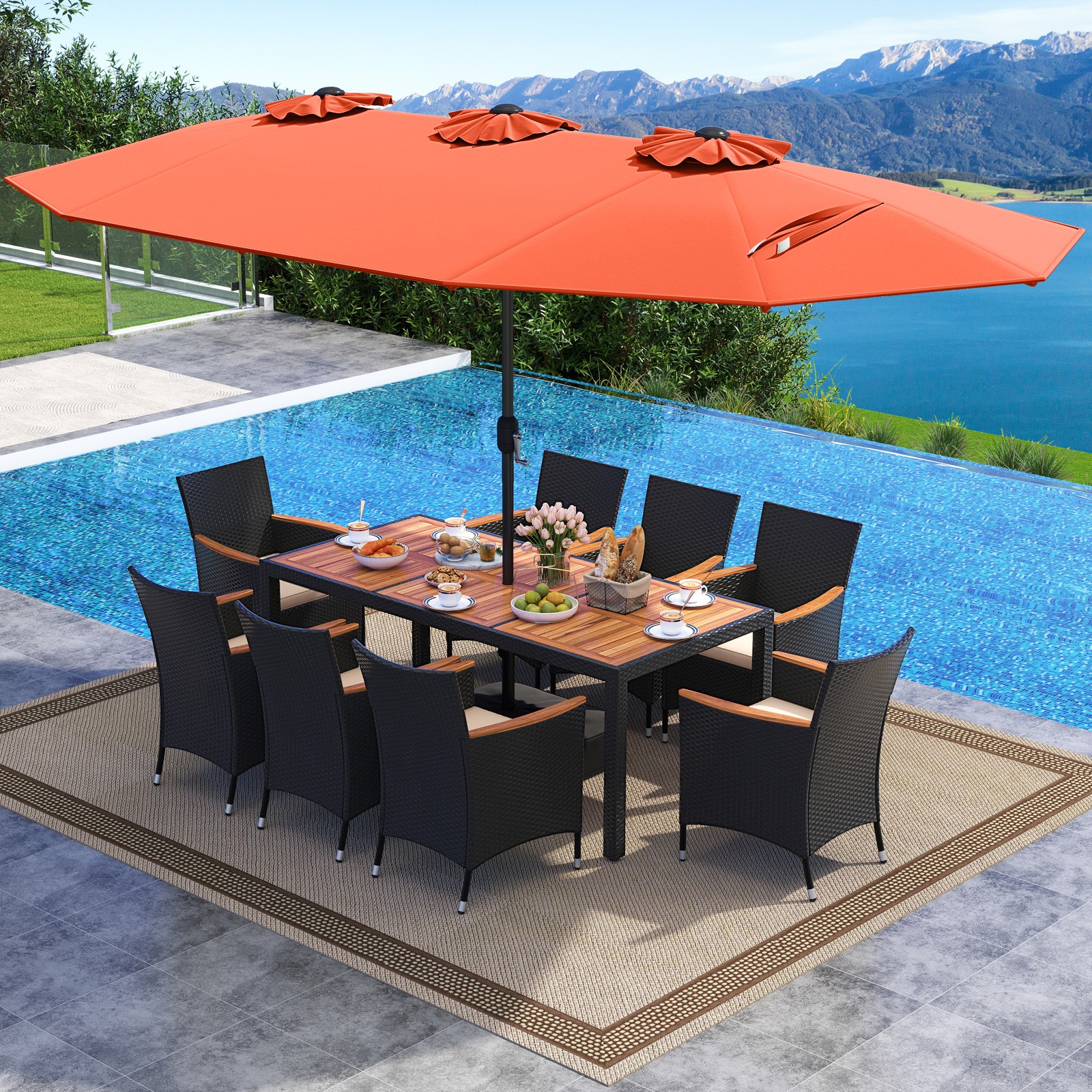 11PCS Patio Wicker Dining Set w/Double-Sided Outdoor Umbrella 8 Stackable Chairs