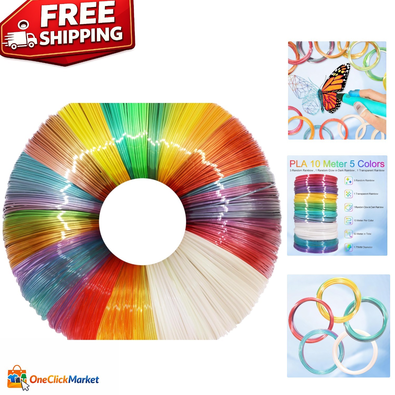 Ultimate 50m 3D Pen Filament Sample Pack - Vibrant Colors & Unique Glow Options