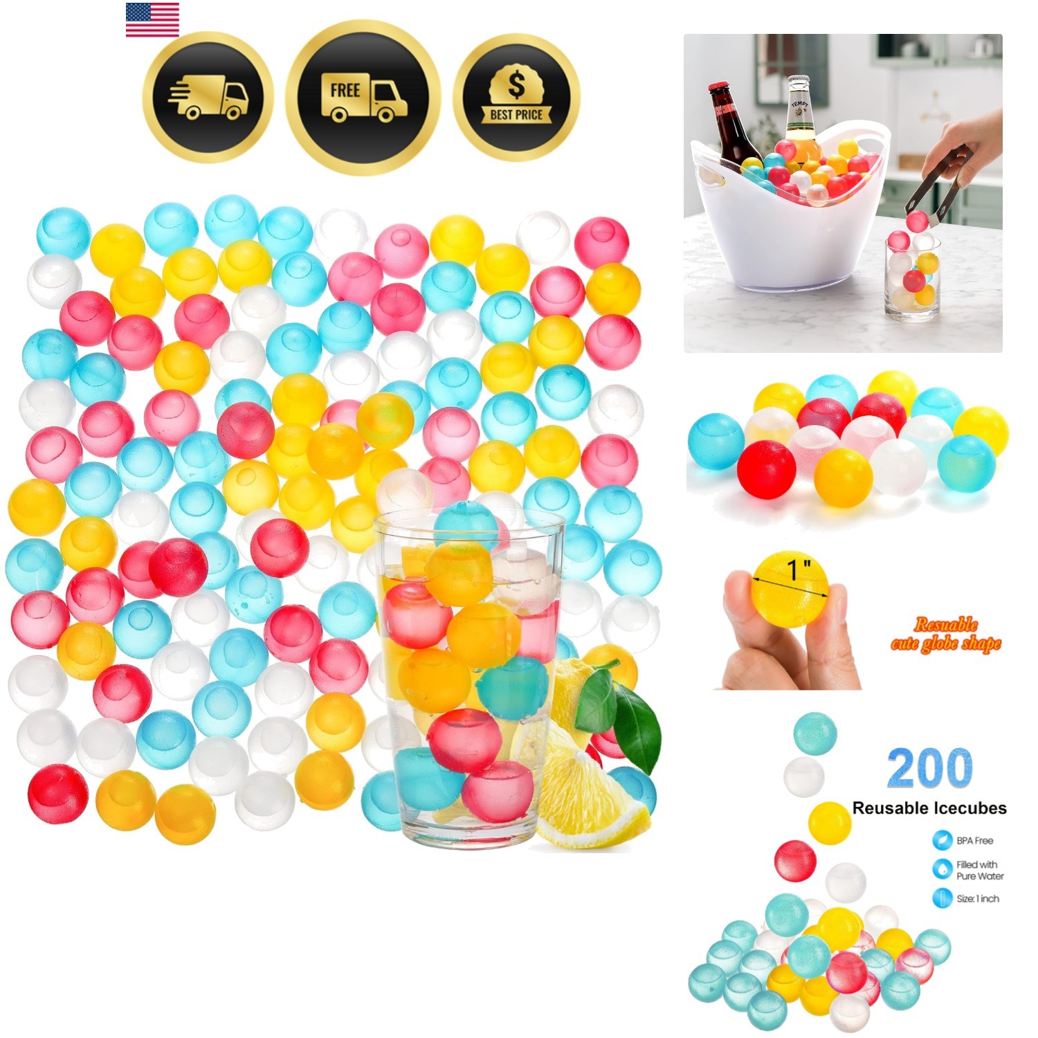 200 Pack Reusable Ice Cubes for Drinks, Colored Plastic, Round for Cocktails,...