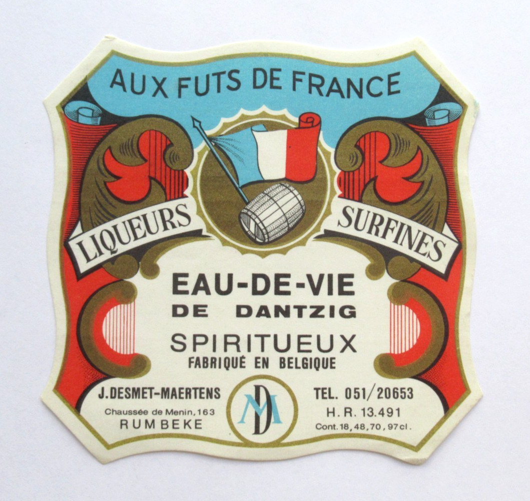 Vintage Original Alcohol Label Eau-De-Vie De Danzig Desmet-Maertens Belgium