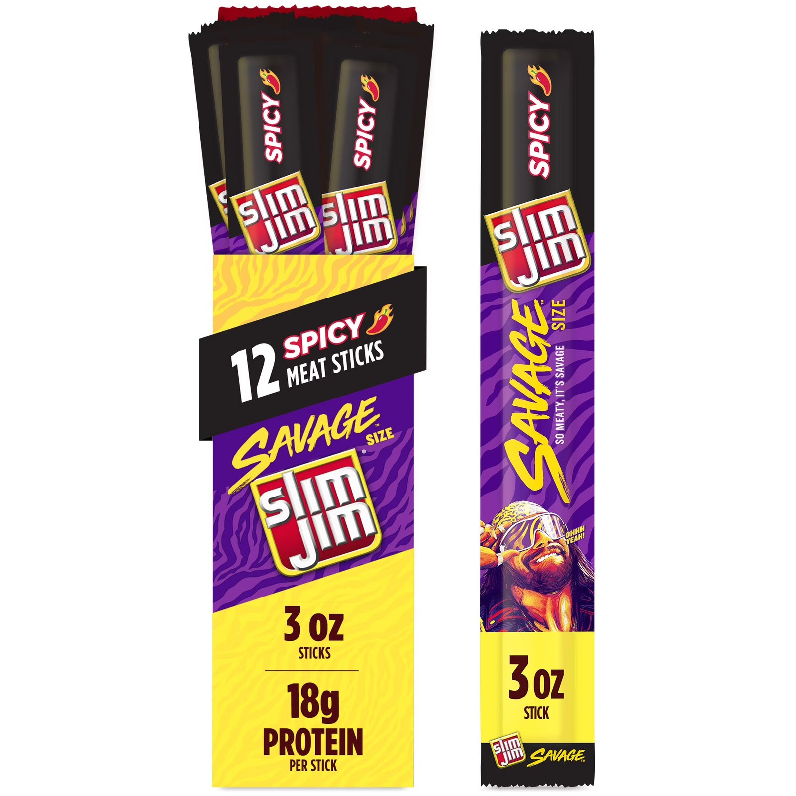 Slim Jim Savage Smoked Meat Sticks, Spicy Flavor, High Protein, 3.0 oz (12-Ct)
