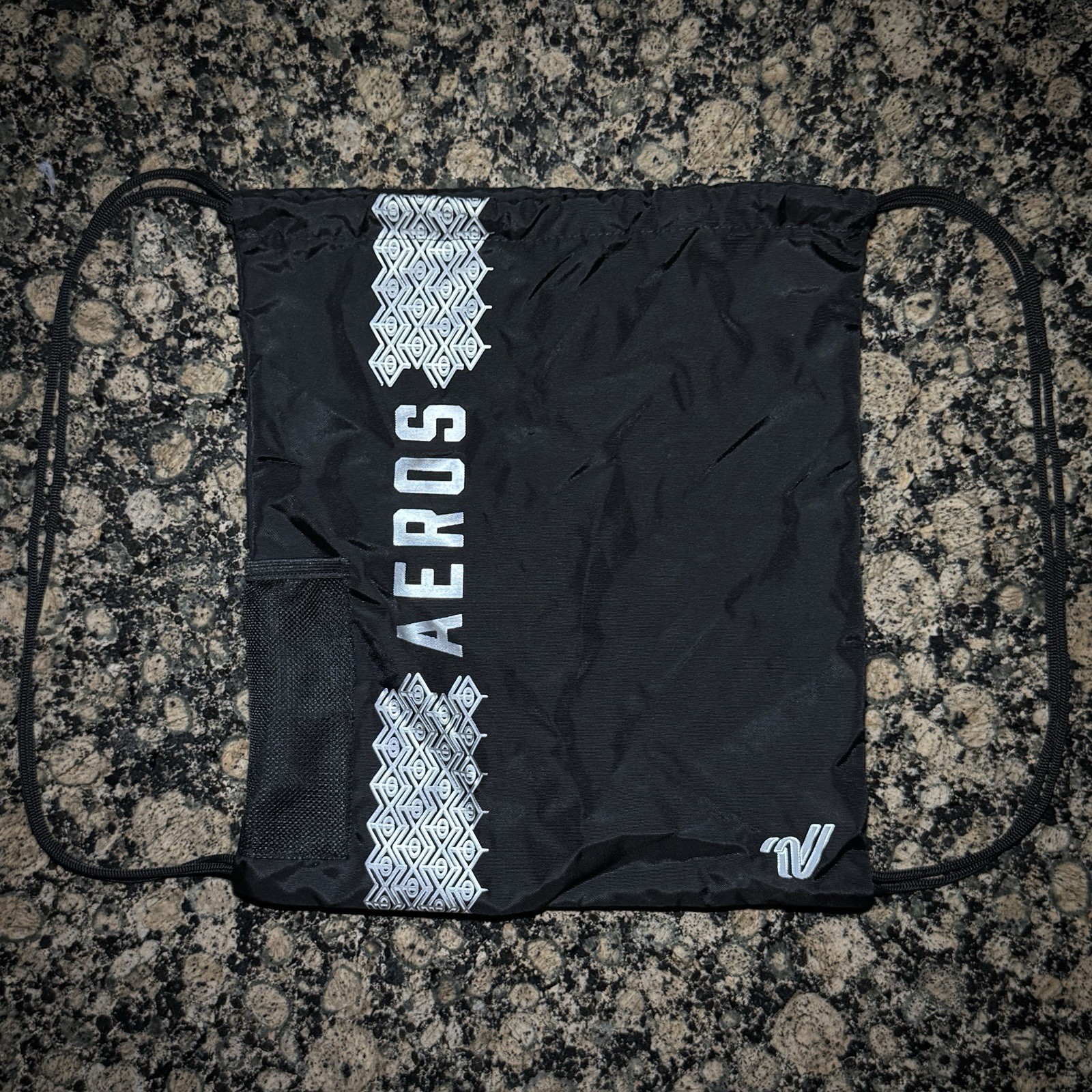 Aeros Drawstring Gym Bag Backpack Black with Silver Logo and Print NEW