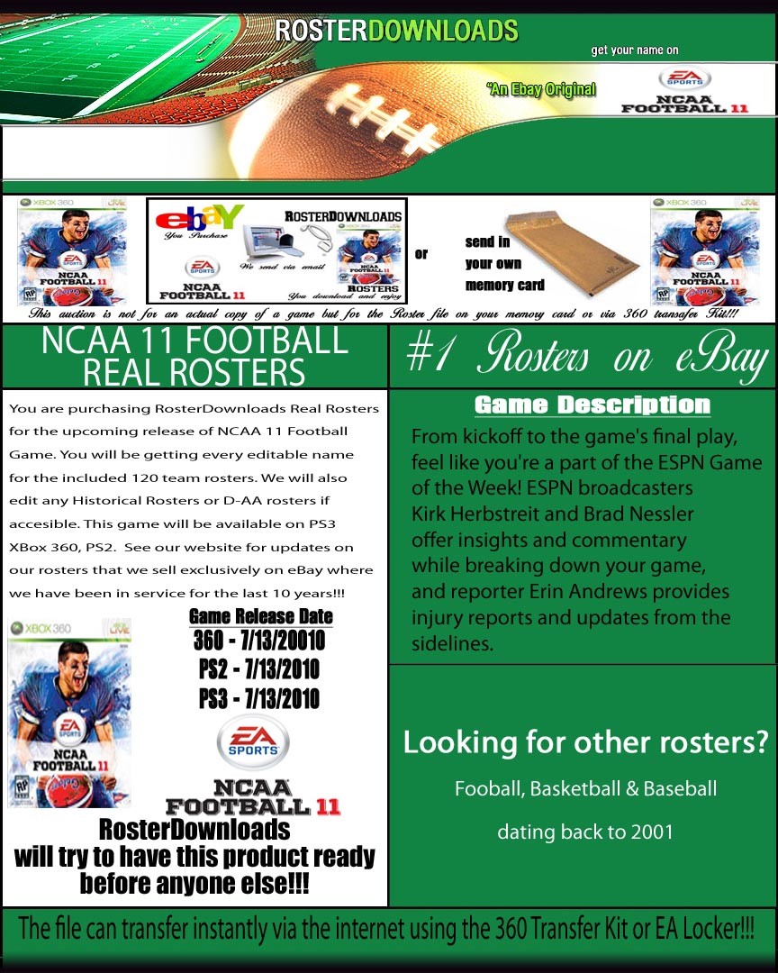 NCAA 2011 11 360 Football Real Rosters File Only - Rosters Since 2003
