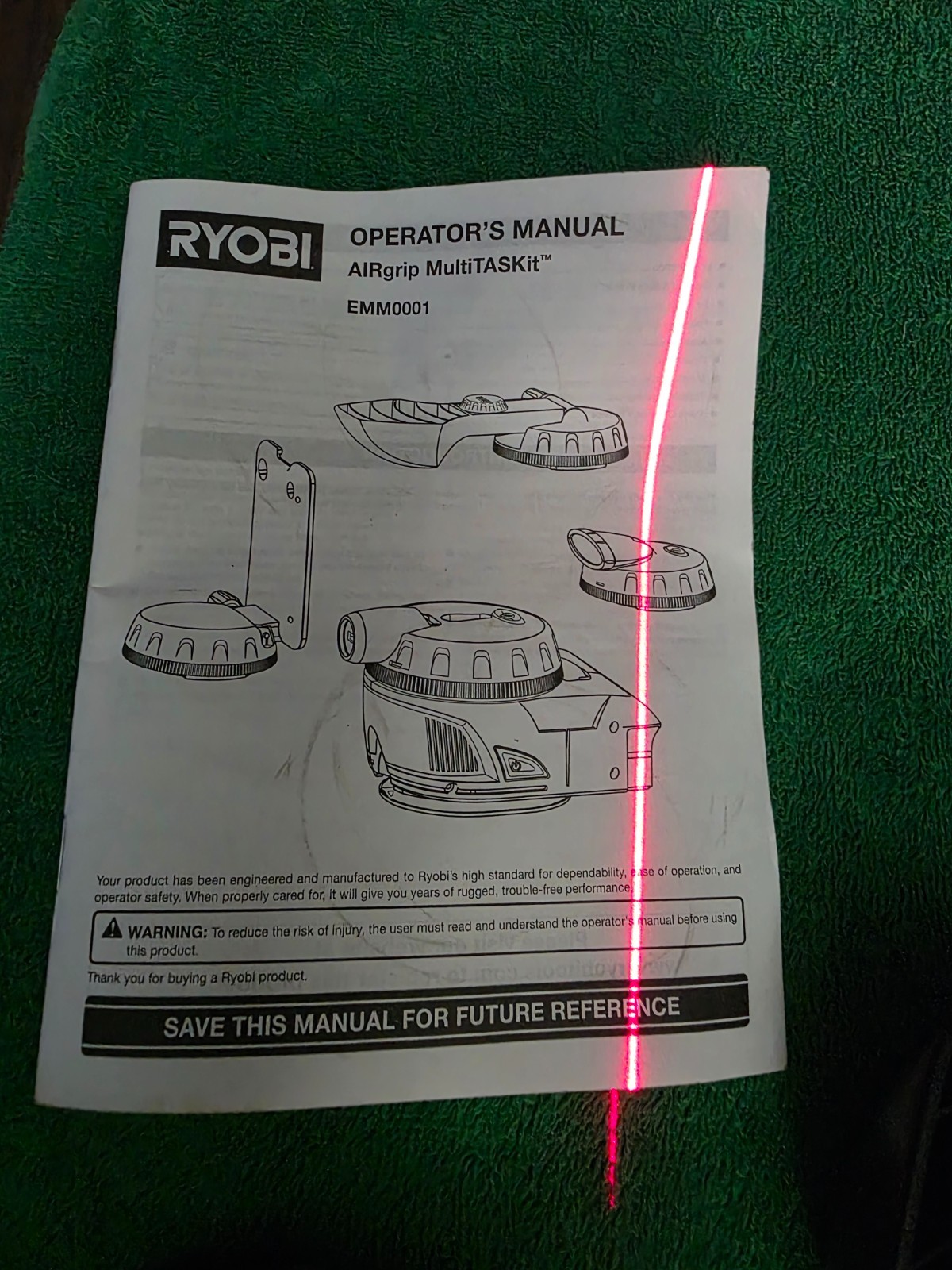 Ryobi Laser Air Grip Multi-task kit, light, accessories, manual & zippered case