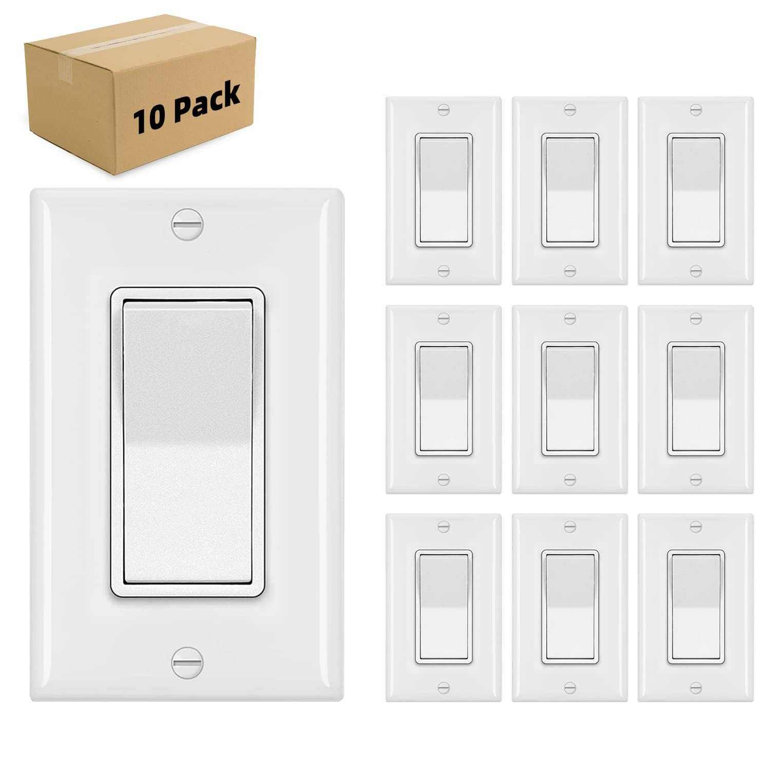 10 Pack Decorator Paddle Rocker Light Switch Residential Grade,15A 120V/277V