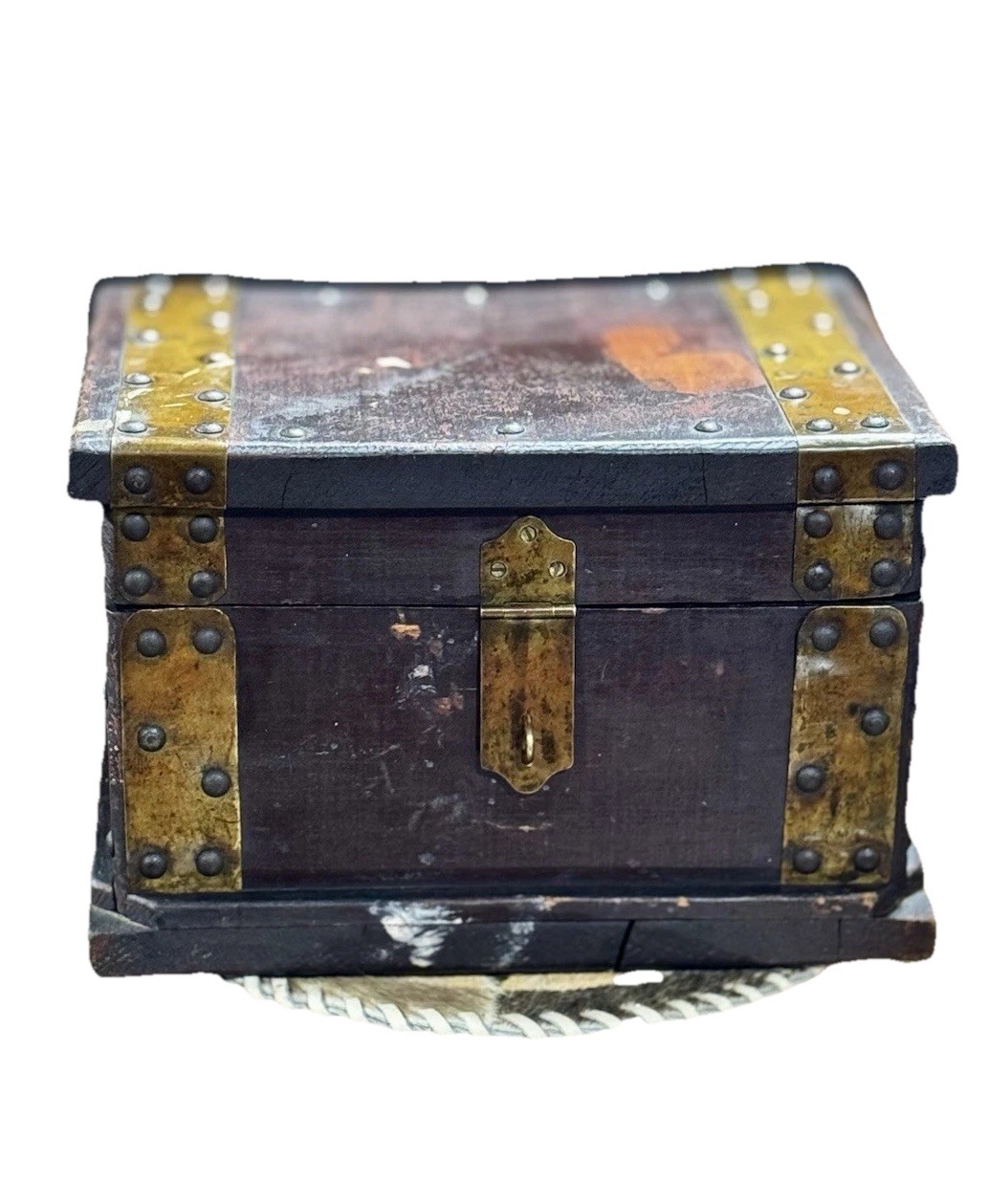 Very Cool Vintage Brass Copper Trimmed Wood Trunk Chest Box Antique