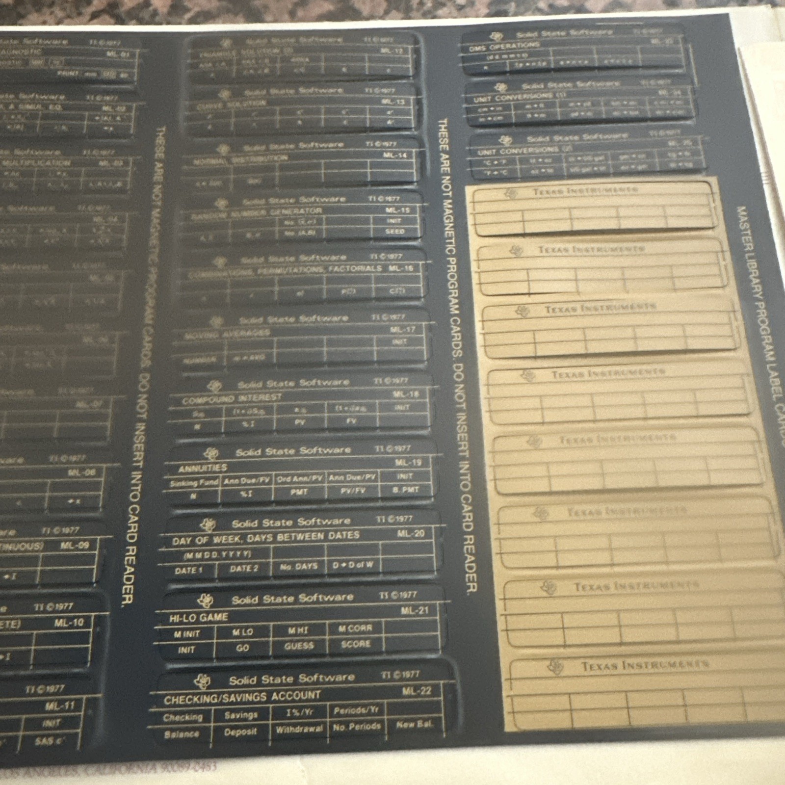 Vtg Texas Instruments TI-58C Master Library Program Label Cards Unpunched Nos