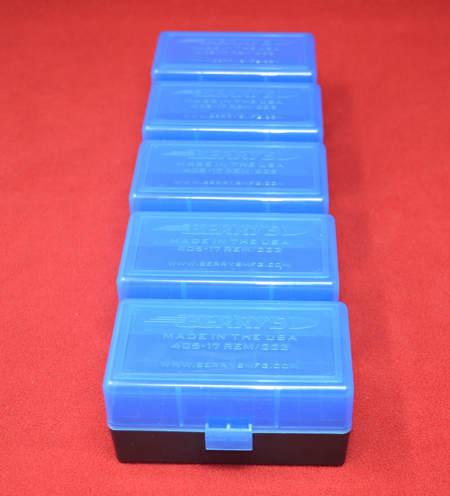 (5) x BERRY'S PLASTIC AMMO BOX, BLUE/BLACK 50 Round 223/556/300BLK - FREE S/H
