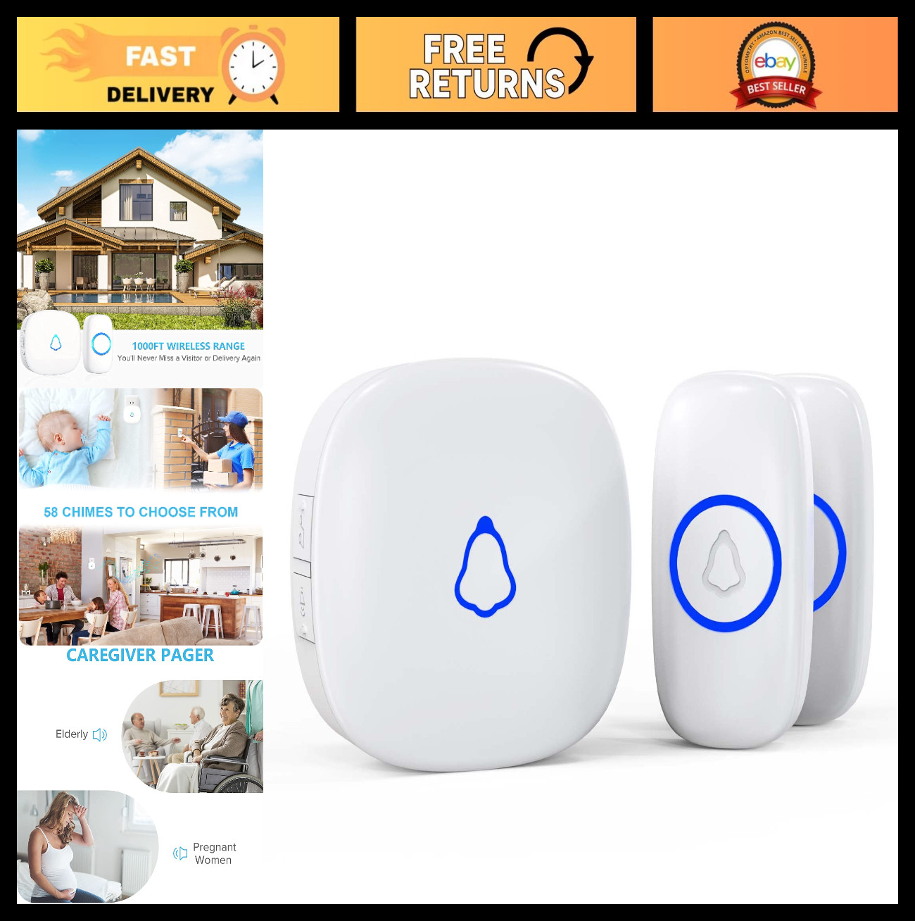 Wireless Doorbell Waterproof 1000ft Range, 58 Chimes, 5 Volume Levels, LED Flash